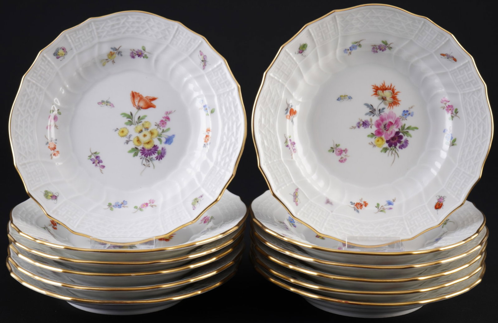 Meissen Flower Bouquet with Insects New Brandenstein 12 dessert plates 1st choice,: porcelain, blue sword mark 1st choice, decor Flower Bouquet with Insects and Strewn Flowers, with New Brandenstein relief, 12x D 15.5 cm