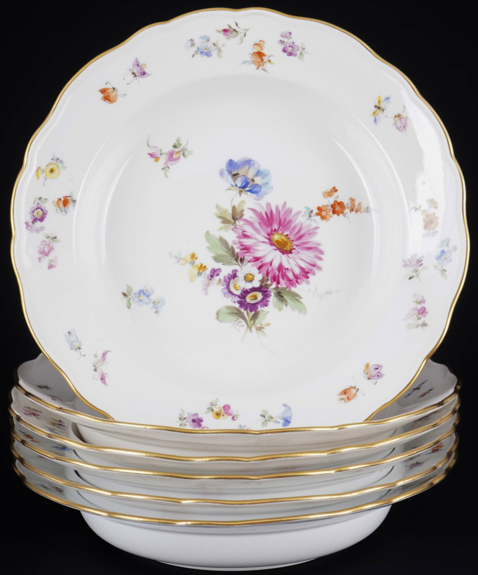 Meissen Flower Bouquet with Insects 6 soup plates 1st choice,: porcelain, blue sword mark 1st choice, knob mark 1815-1924, decor Flower Bouquet with Strewn Flowers and Insects on the rim, 6x D 23 cm