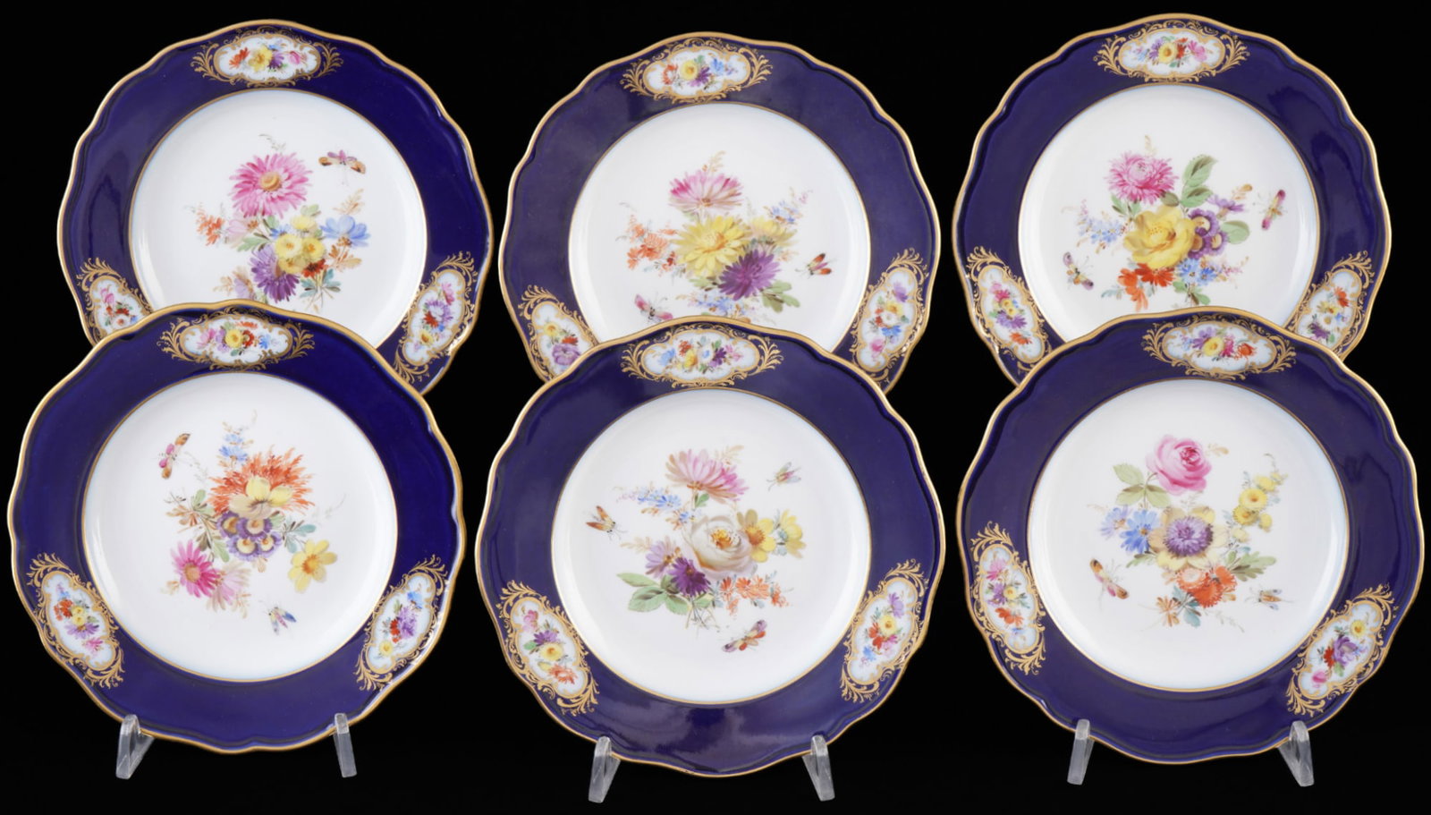Meissen Flower Bouquet royal blue 6 anniversary splendid plates 1st choice, (1 of 9)