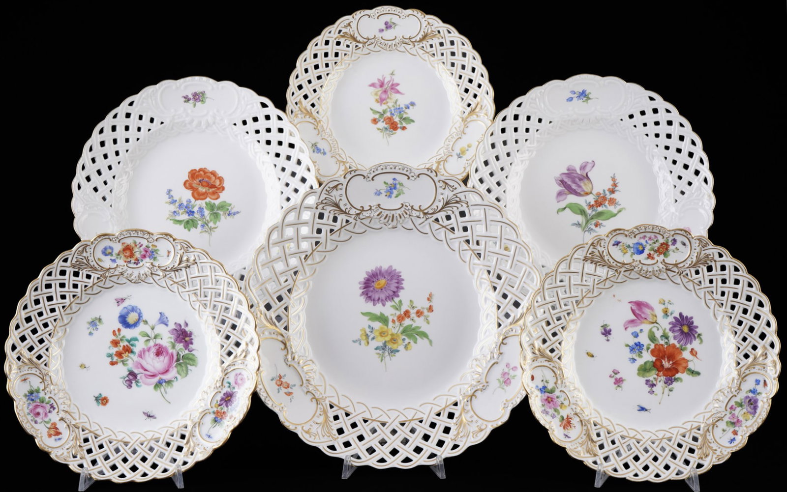 Meissen Flower Bouquet / Flowers 6 cutwork plates, (1 of 6)