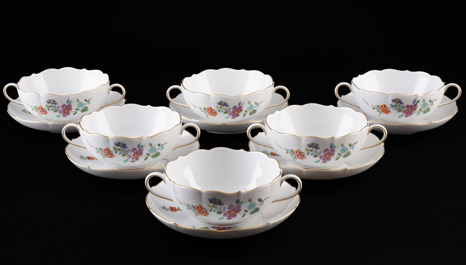Meissen Indian Flower Branch 6 soup bowls 1st choice,: porcelain, blue sword mark 1st choice, decor Indian Flower Branch, decor no. 363510, 6x soup bowls H 5.5 cm x D 12.5 cm, 6x saucers D 16.5 cm