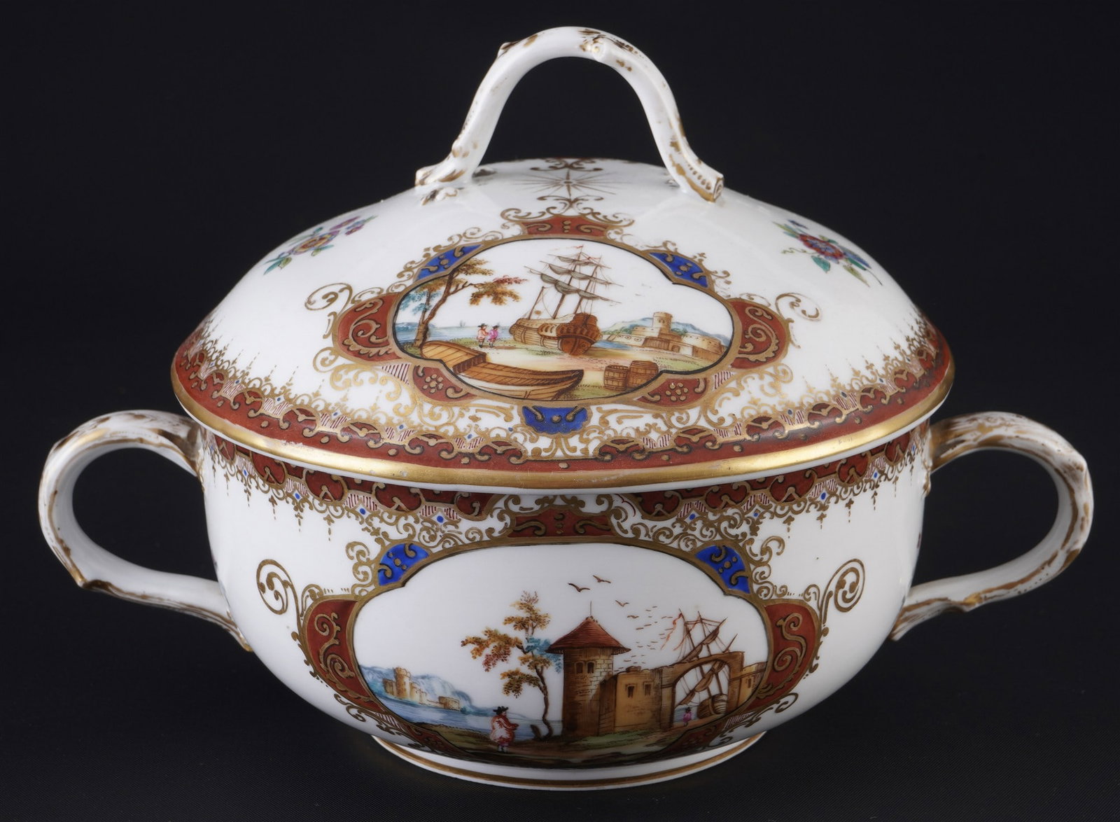 Meissen Merchant Scenes Ecuelle / large lidded cup, (1 of 5)