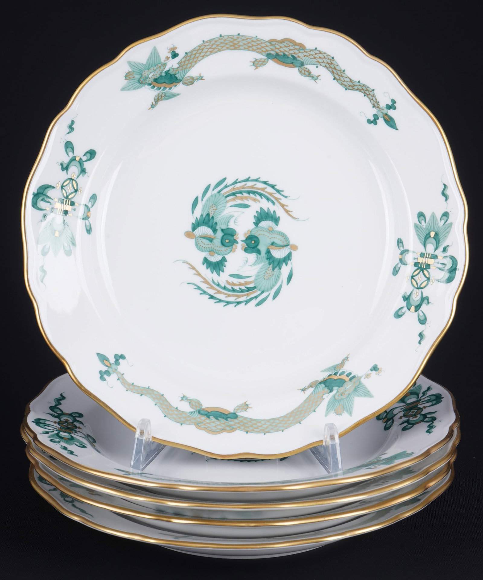 Meissen Court Dragon Rich Green 5 dessert plates 1st choice,: porcelain, blue sword mark 1st choice, decor Green Court Dragon Rich, 5x D 18 cm, some with slight gold discoloration