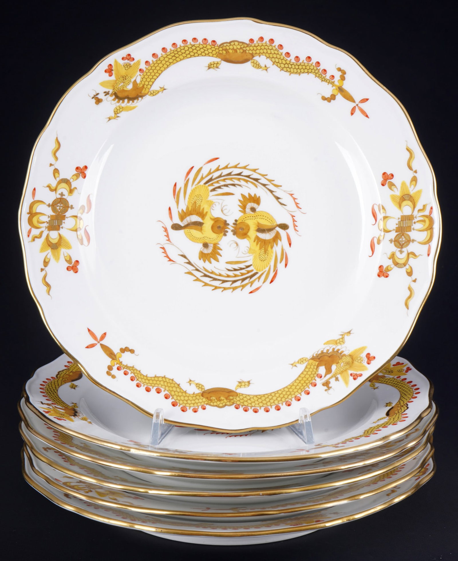 Meissen Court Dragon Yellow 6 dinner plates 1st choice,: porcelain, blue sword mark 1st choice, decor Yellow Rich Court Dragon, decor no. 68d, 6x D 25 cm