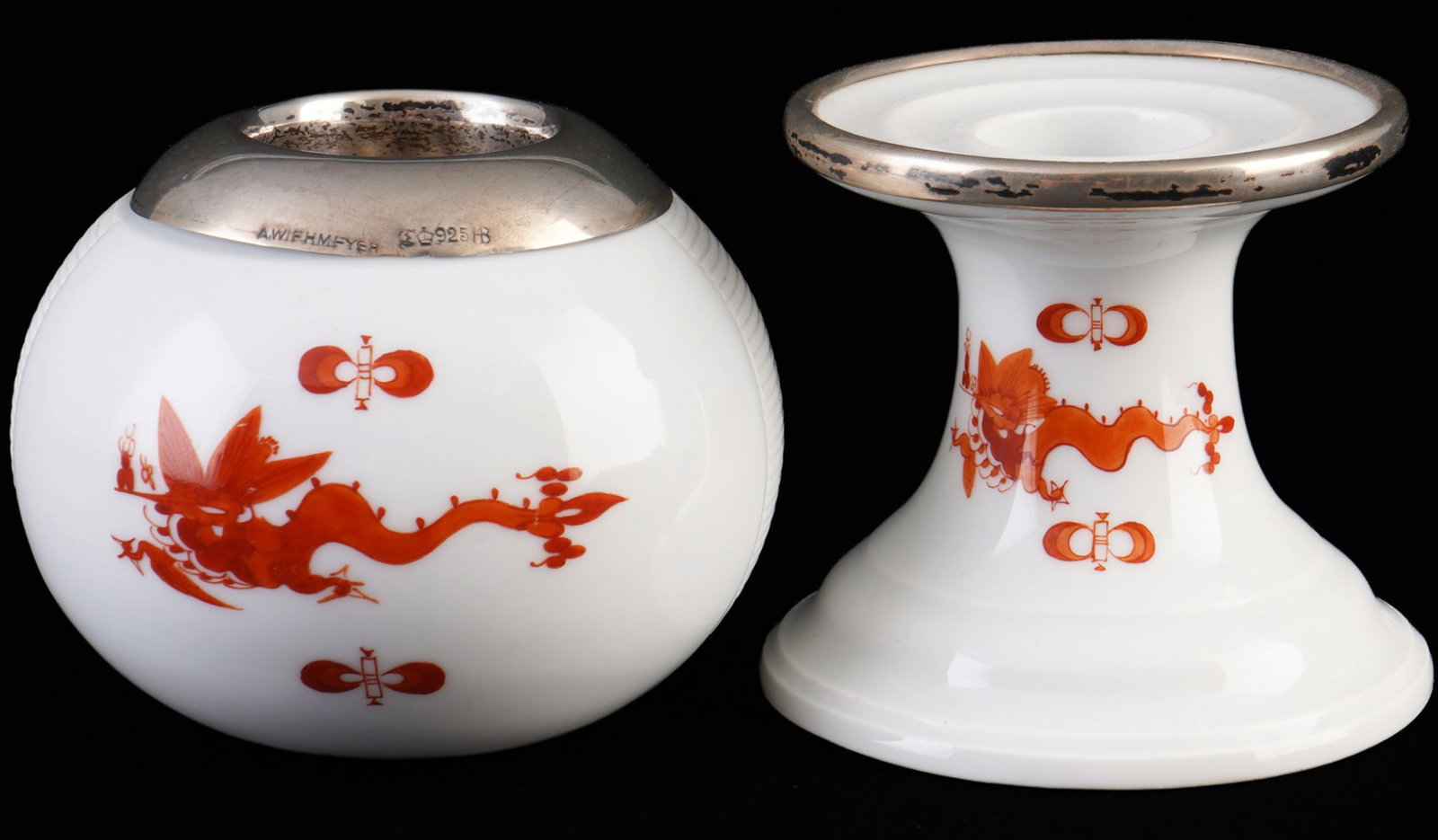 Meissen Ming Dragon Red 2 Candlesticks with 925 Silver Mounts, 1st Choice: porcelain, blue sword mark 1st choice, one piece from the Pfeiffer period (1924-1934), with silver mount stamped 925 + crescent and crown + Hermann Behrnd HB company mark, decor Red Ming Dragon, 1x H 