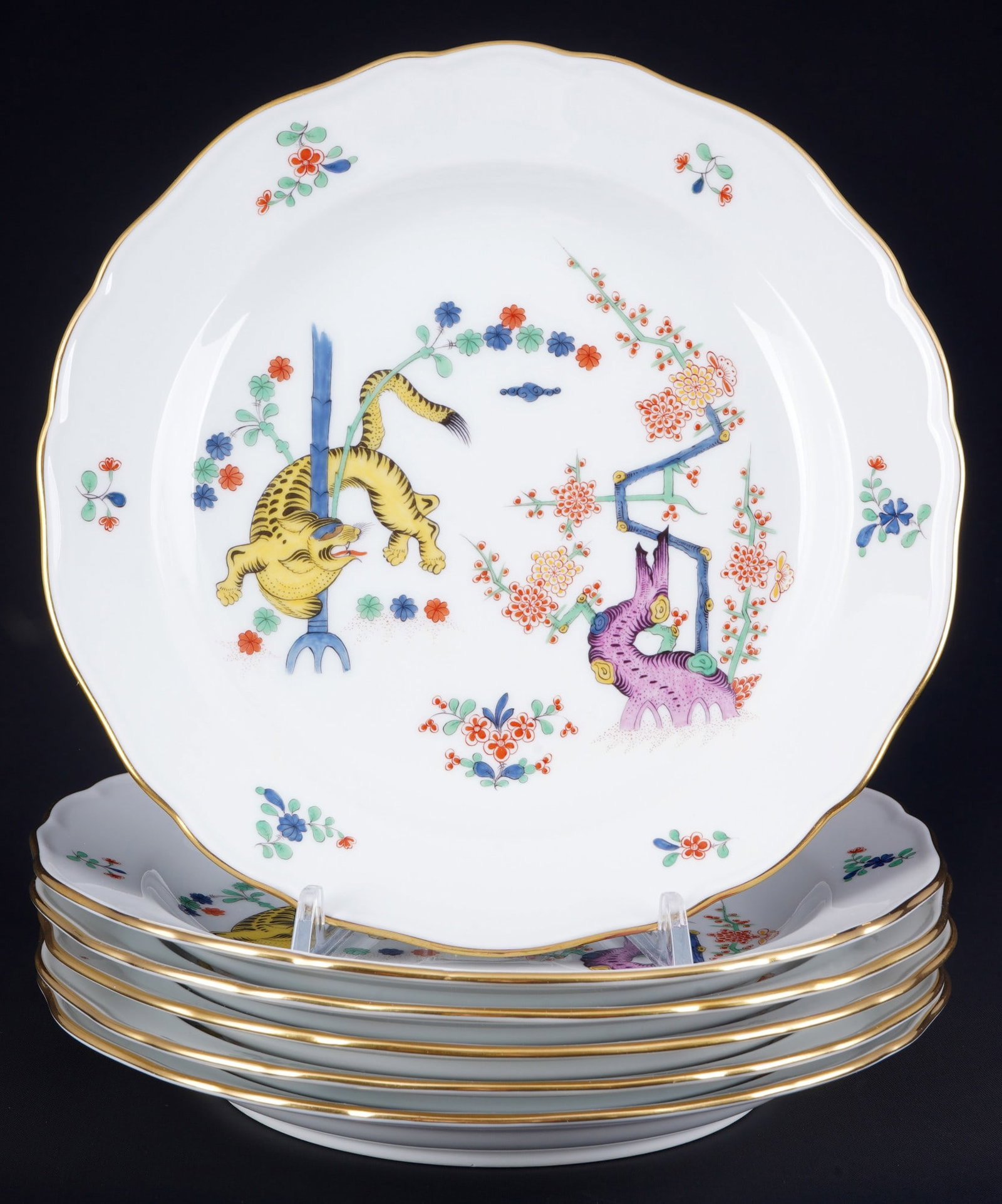 Meissen Old Rich Yellow Lion 6 starter plates 1st choice,: porcelain, blue sword mark 1st choice, decor Old Rich Yellow Lion, decor no. 314c (401110), 6x D 22 cm