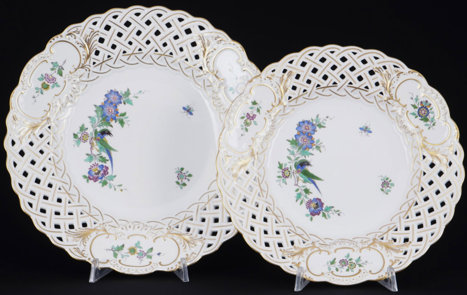 Meissen Indian rock, Flowers and Bird 2 cutwork plates 1st choice,: porcelain, blue sword mark 1st choice, decor Indian Rock, Flowers and Bird, decor no. 465712, 1x D 24 cm, 1x D 21 cm