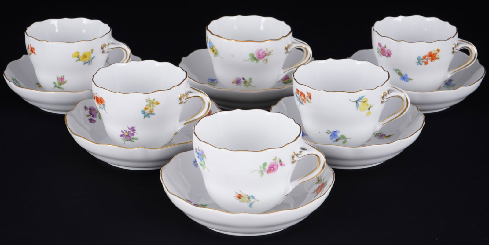 Meissen Strewn Flowers 6 mocha cups 1st choice,: porcelain, blue sword mark 1st choice, decor Strewn Flowers, 6x cups H 5 cm x D 6.5 cm, 6x saucers D 6.5 cm