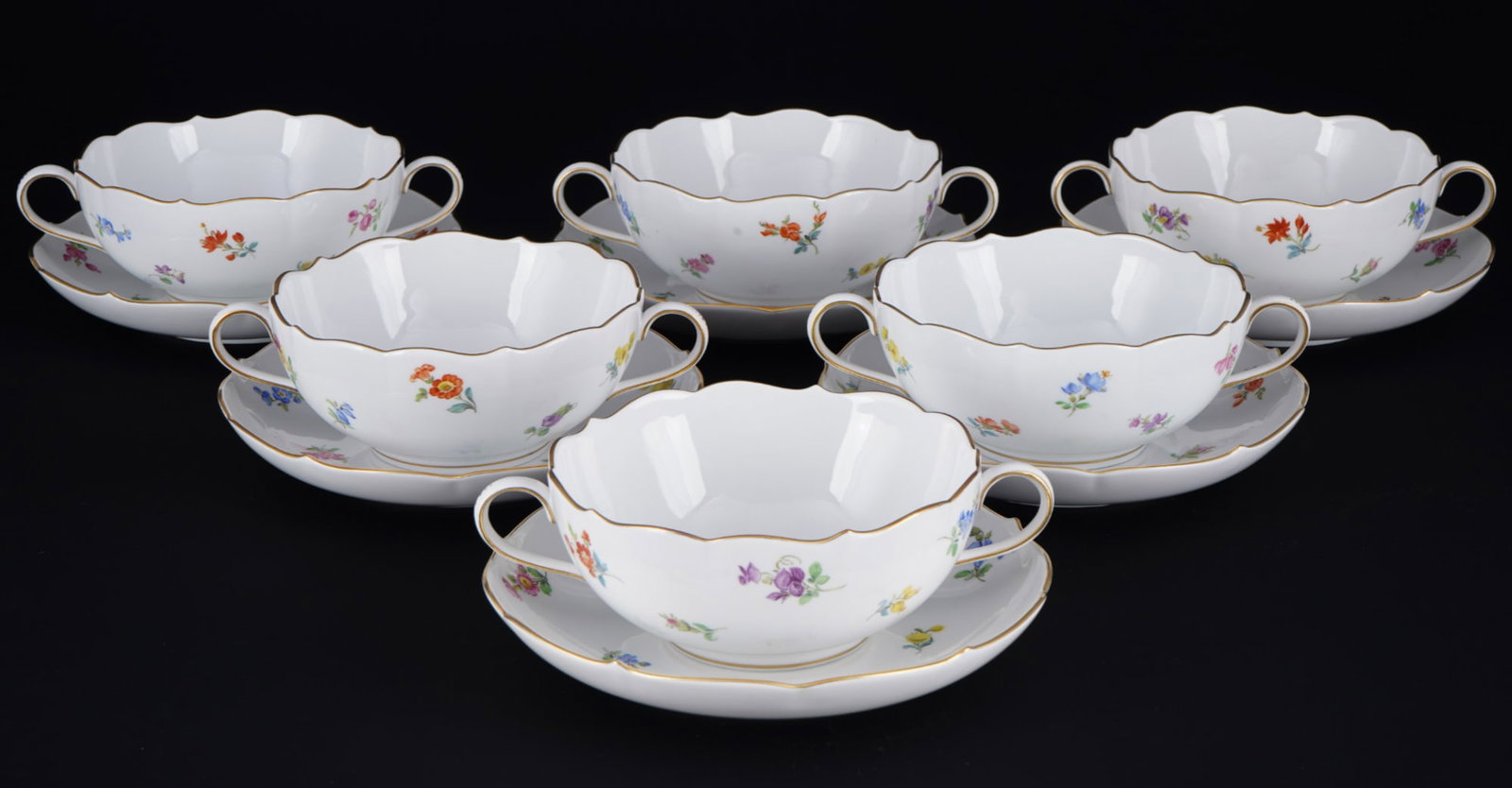 Meissen Strewn Flowers 6 soup bowls 1st choice,: porcelain, blue sword mark 1st choice, decor Strewn Flowers, 6x soup bowls H 5.5 cm x D 12.5 cm, 6x saucers D 17 cm