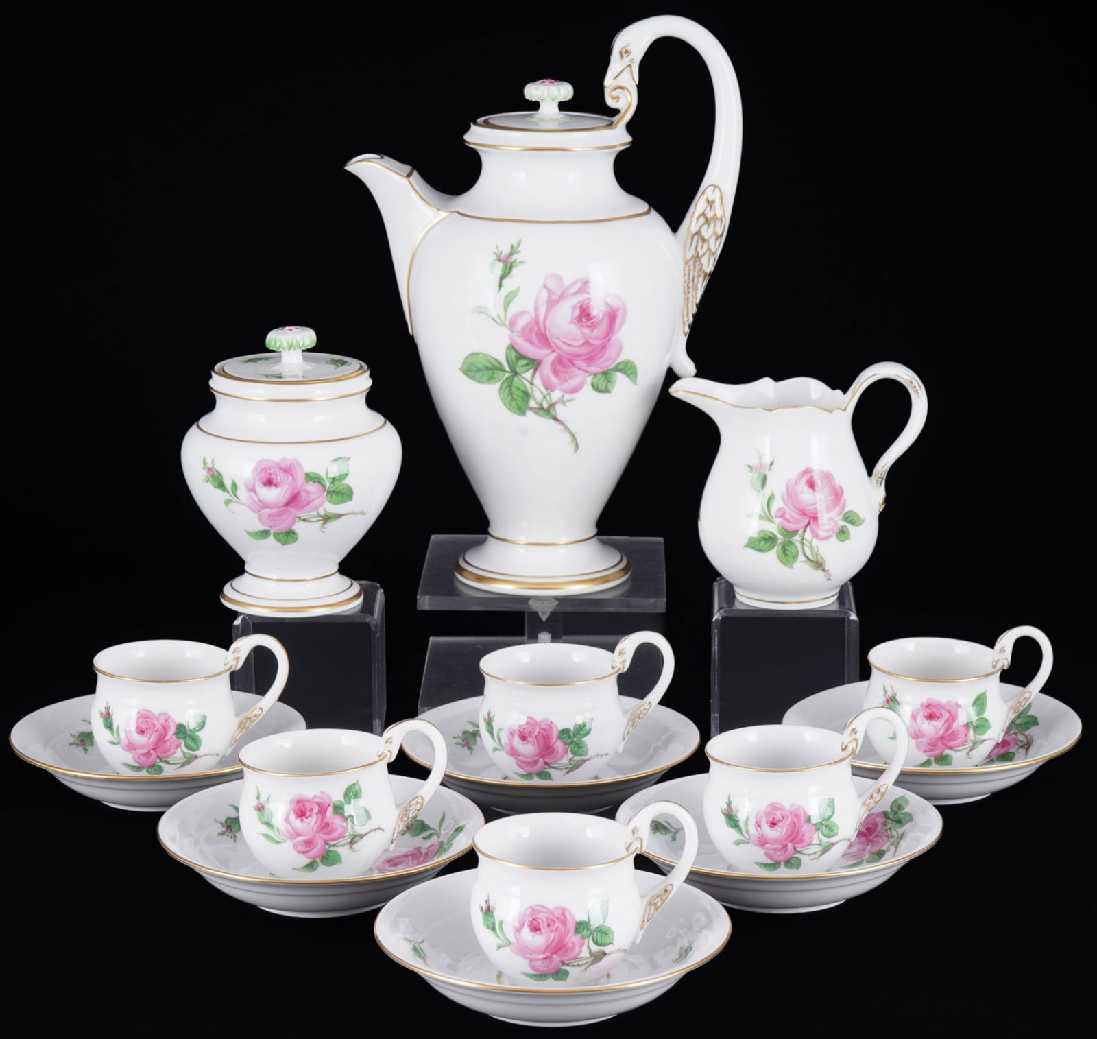 Meissen Red Rose Swan Neck mocha service for 6 persons,: 15-piece porcelain, blue sword mark 1st and 2nd choice, decor Red Rose with swan-neck handles, 1x mocha pot H 22.5 cm x D 11 cm, 1x milk jug H 9.5 cm, 1x sugar bowl H 11 cm x D 9 cm, 6x cups (1st ch.)
