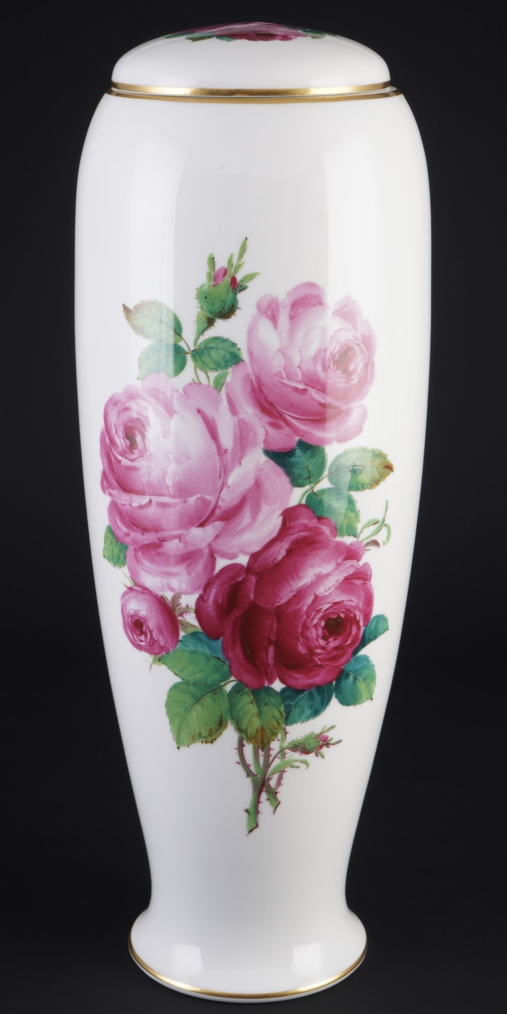 Meissen Rose Bouquet lidded vase 1st choice,: porcelain, blue sword mark 1st choice, decor Rose Bouquet, H 44.5 cm x D 16.5 cm, brushstroke on the side