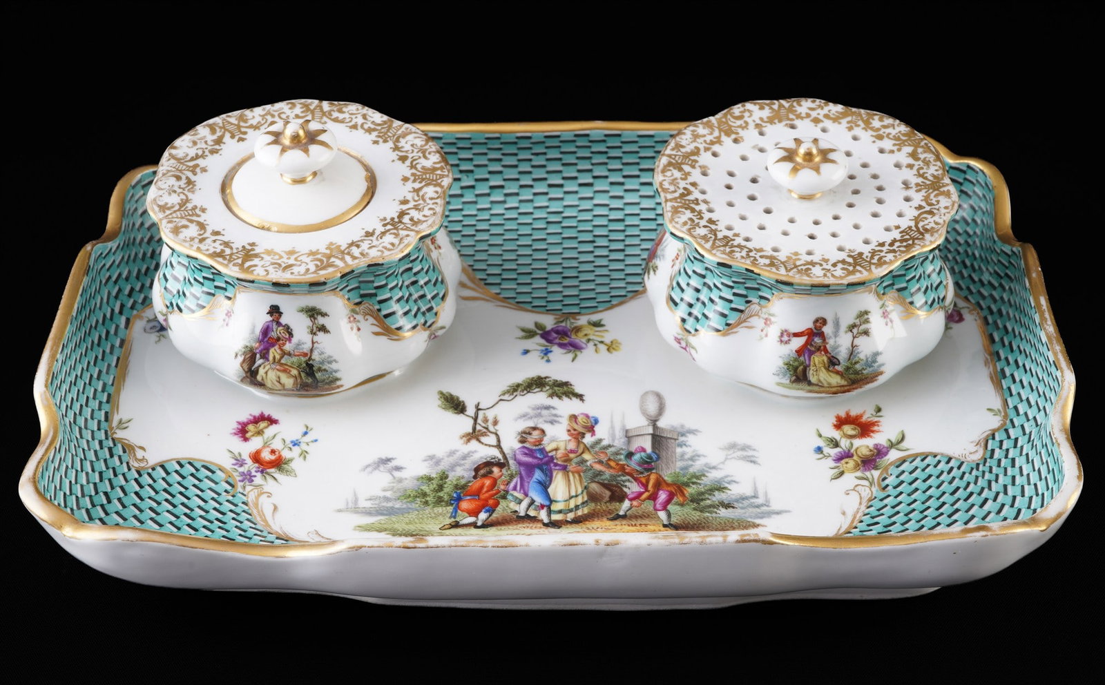 Meissen Watteau desk set with emerald green scale pattern,: porcelain, blue sword mark with one grinding stroke, decor figural scenery after Jean-Antoine WATTEAU (1684-1721), floral accents and fine gold ornaments, emerald-green scale pattern, 1x tray H 3.5 cm
