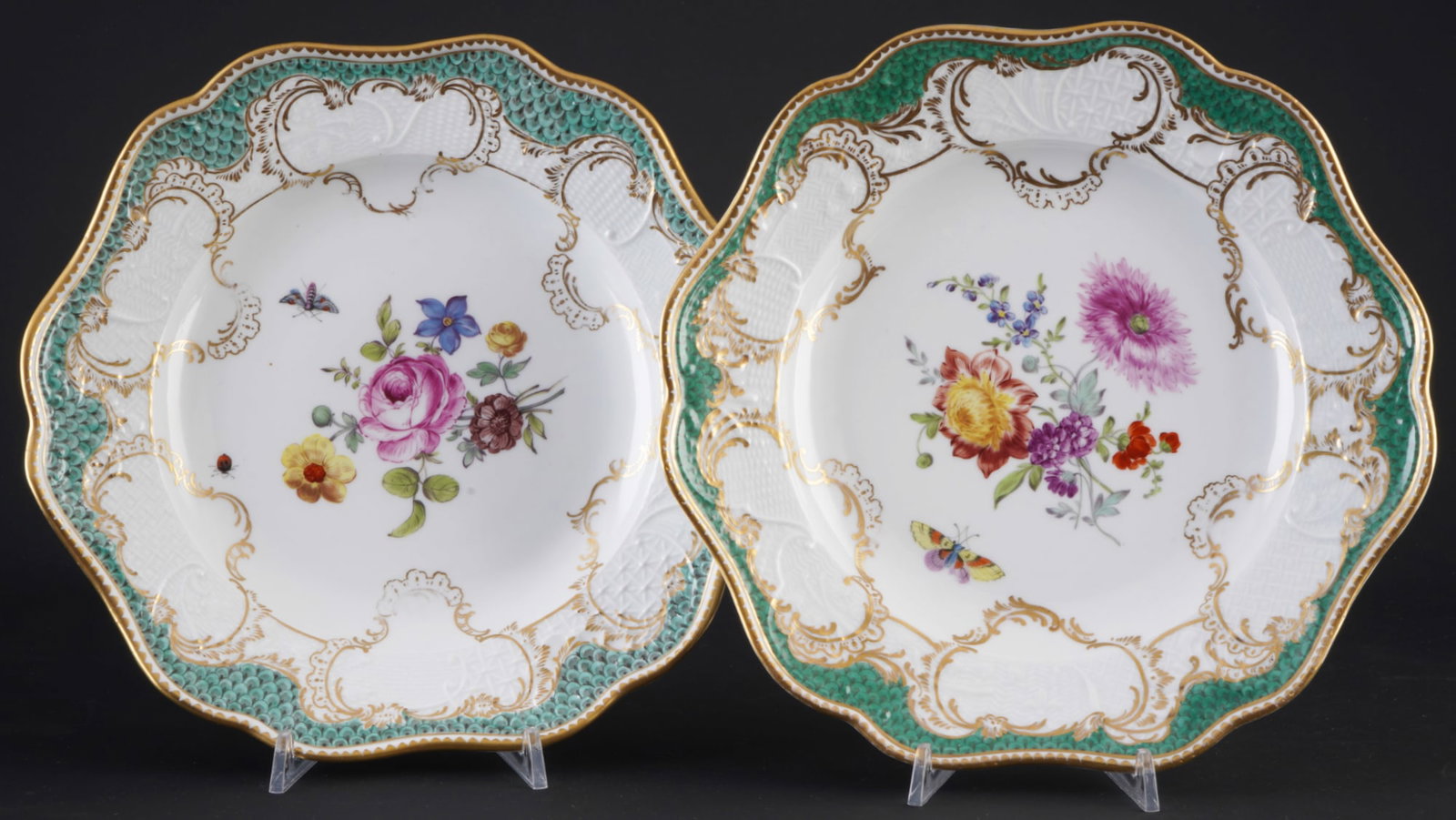 Meissen Zieten-Service 2 splendid plates,: porcelain, blue sword mark 1st choice and with one grindind stroke, knob mark 1815-1924, decor Zieten-Service - Flower Bouquet with Insects, green scale decoration and Bruehlsches Allerlei relief, mad