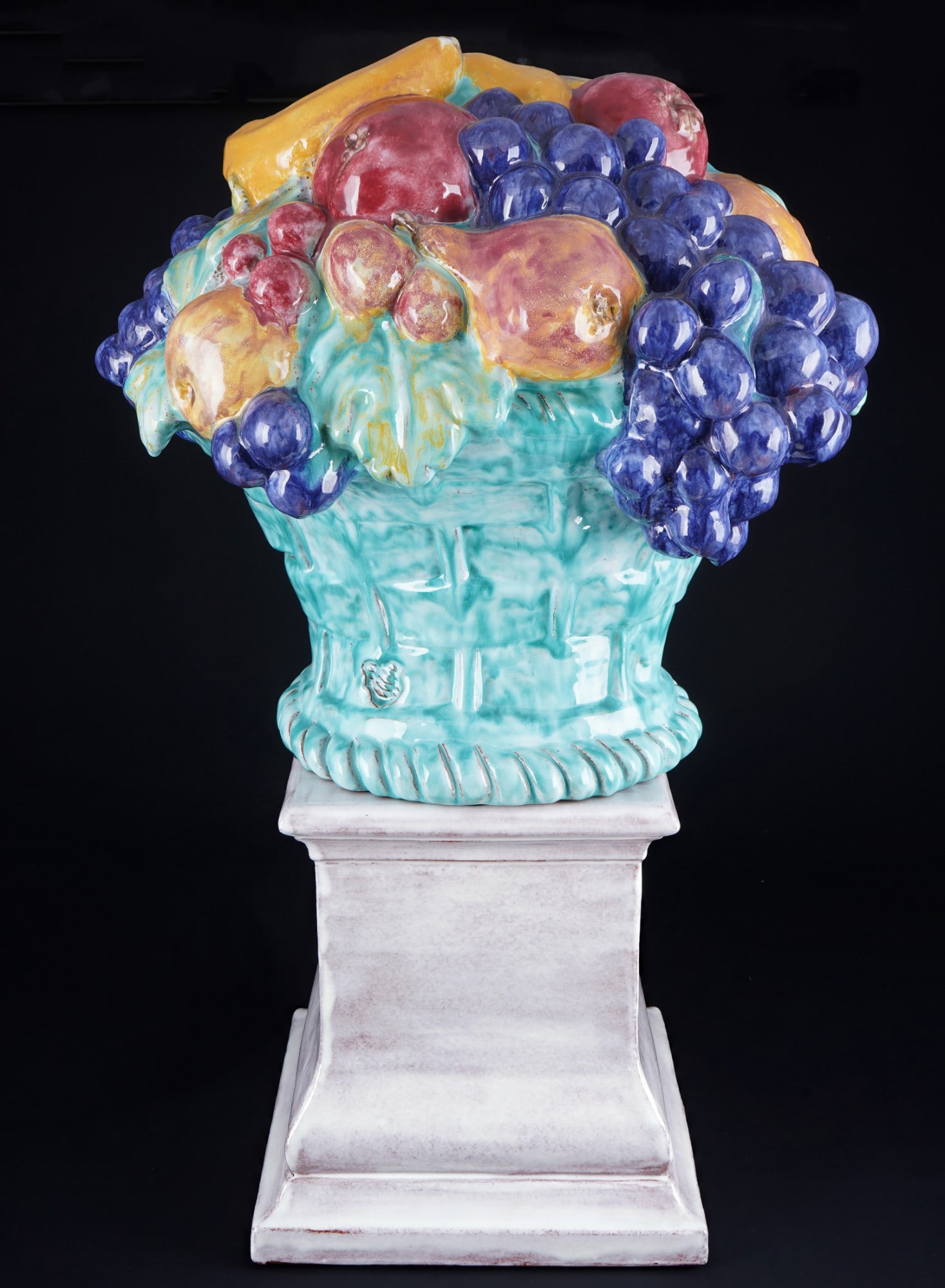 Nymphenburg monumental fruit basket on pedestal - Prof. Joseph WACKERLE,: ceramic/majolica, coat of arms impressed mark, design by Prof. Joseph WACKERLE (1880-1959), German sculptor, medallist and university lecturer, studied at the School of Arts and Crafts and at the Acad