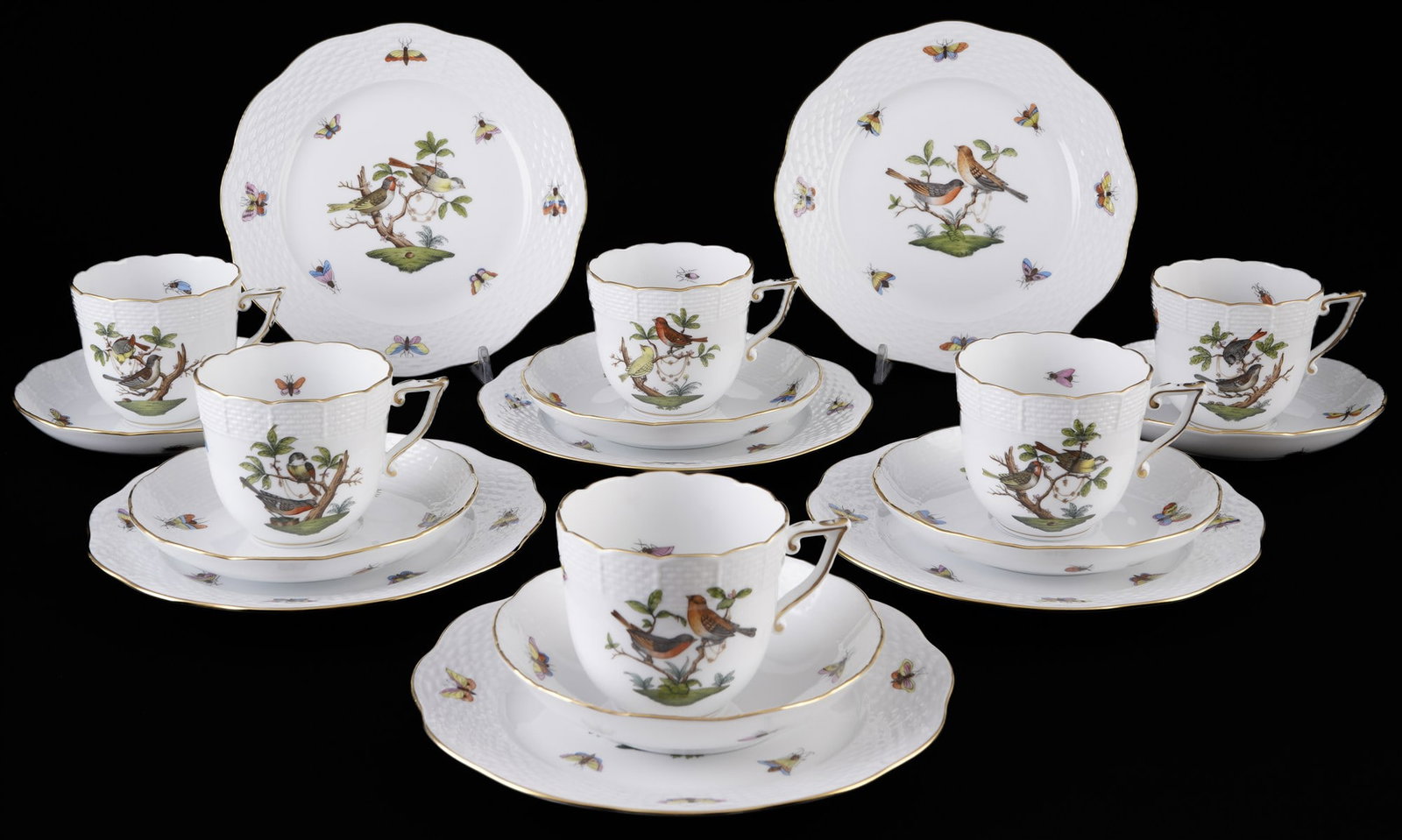 Herend Rothschild 6 coffee place settings,: 18-piece porcelain set, Hungary, 20th century, blue maker's mark, RO Rothschild decor, 6x coffee cups #706 H 7 cm x D 8 cm, 6x saucers #706 D 14 cm, 6x cake plates #517 D 19 cm
