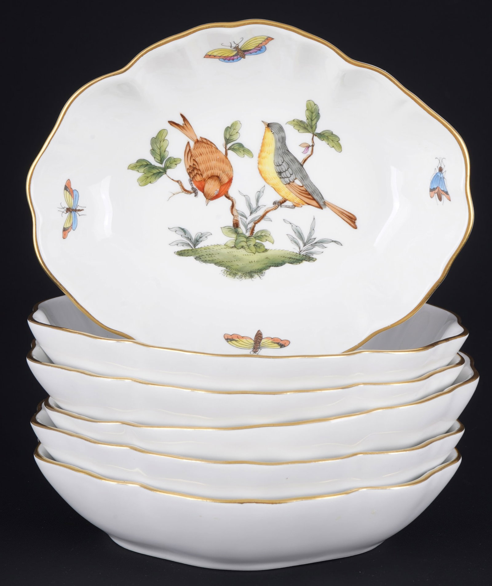 Herend Rothschild 8 small bowls,: porcelain, Hungary 20th century, blue company mark, decor RO Rothschild, model no. 7740, 6x H 3.5 cm x L 14.5 cm x W 11.5 cm