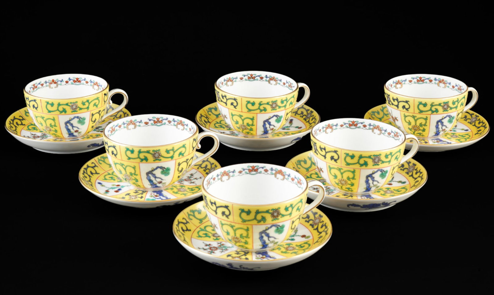 Herend Sjang Juane 6 tea cups 2703,: 18-piece porcelain set, Hungary, 20th century, blue company mark, decor SJ Siang Jaune, model no. 2703-2 / 2703-1, 6 teacups H 5.5 cm x W 11 cm x D 9 cm, 6 saucers D 14 cm