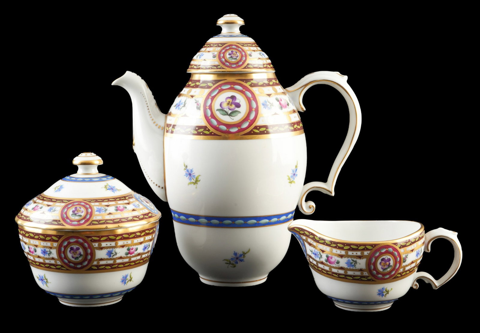 Herend Silk Brocade-Eglantine 3-piece coffee set,: Porcelain, Hungary, 20th century, blue maker's mark, EGAVT Silk Brocade-Eglantine, 1x coffee pot H 20.5 cm x W 19 cm x D 10.5 cm, 1x milk jug H 5.5 cm x W 12 cm x D 8 cm, 1x sugar bowl H 10 cm x D 10.