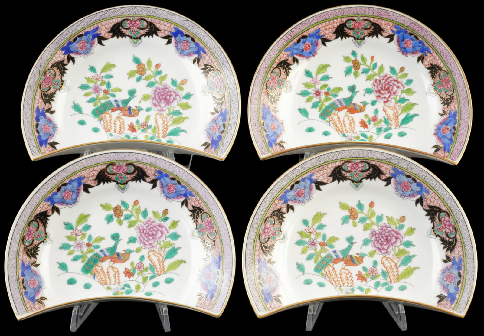 Herend Paon de Peking 4 salad plates 2530,: Porcelain, Hungary, 20th century, blue company mark, PP Paon de Peking decor, Lisse (smooth) shape, model no. 2530, 4 x 19.5 cm x 15 cm
