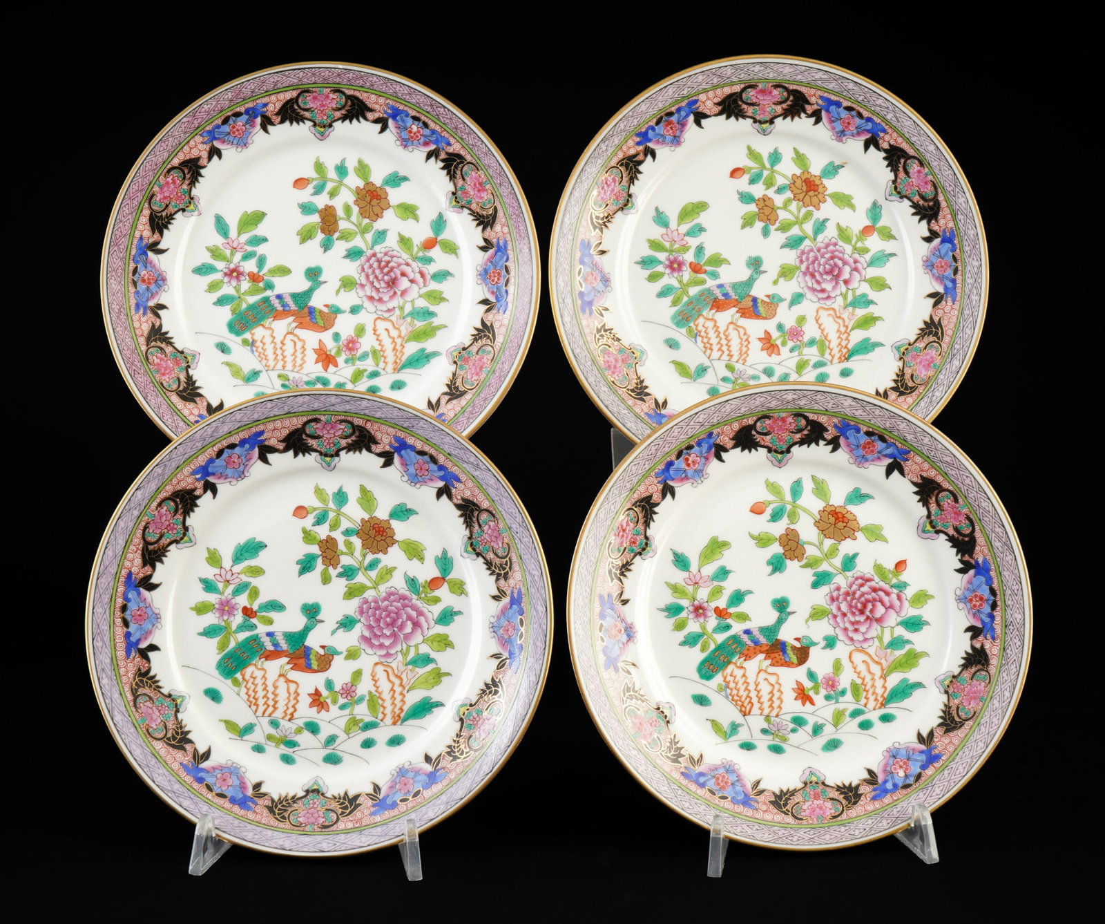 Herend Paon de Peking 4 dessert plates 2516,: Porcelain, Hungary, 20th century, blue company mark, PP Paon de Peking decor, Lisse (smooth) shape, model no. 2516, 4 x D 17.5 cm