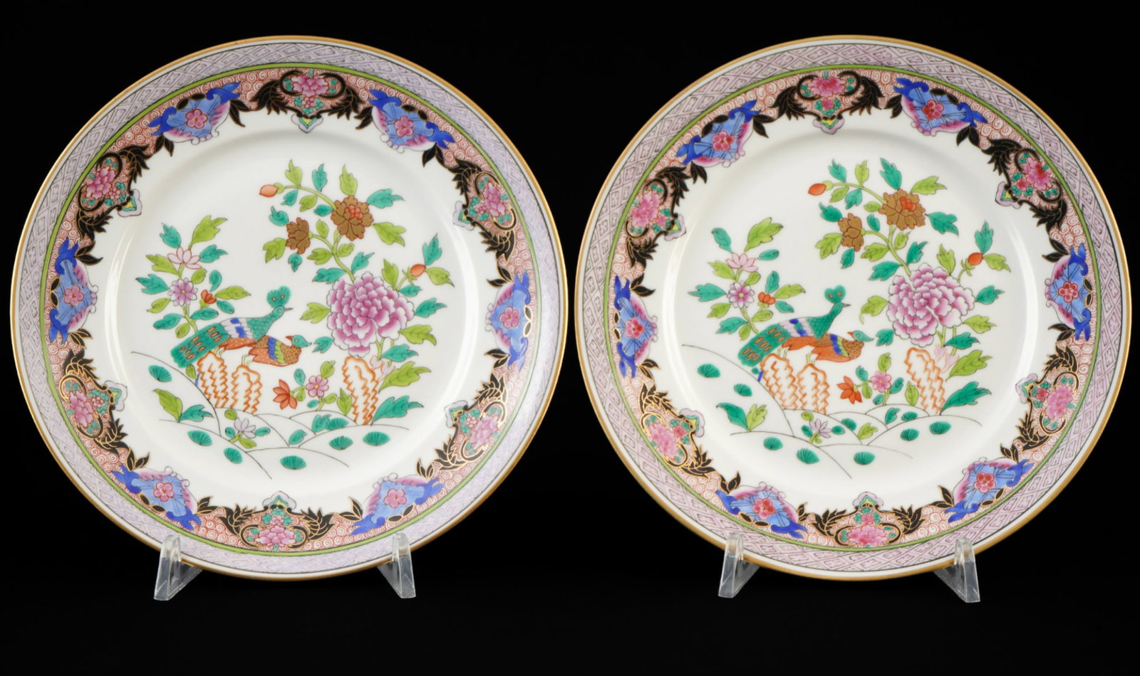 Herend Paon de Peking 2 dessert plates 2518,: Porcelain, Hungary, 20th century, blue company mark, PP Paon de Peking decor, Lisse (smooth) shape, model no. 2518, 2 x D 18.5 cm