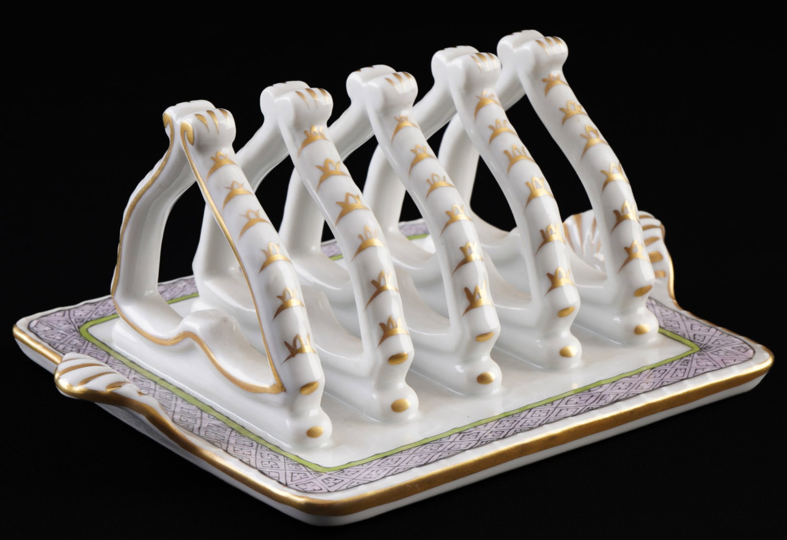 Herend Paon de Peking toast rack 449,: Porcelain, Hungary, 20th century, blue company mark, PP Paon de Peking decor, model no. 449, H 6.5 cm x L 14.5 cm x W 11 cm