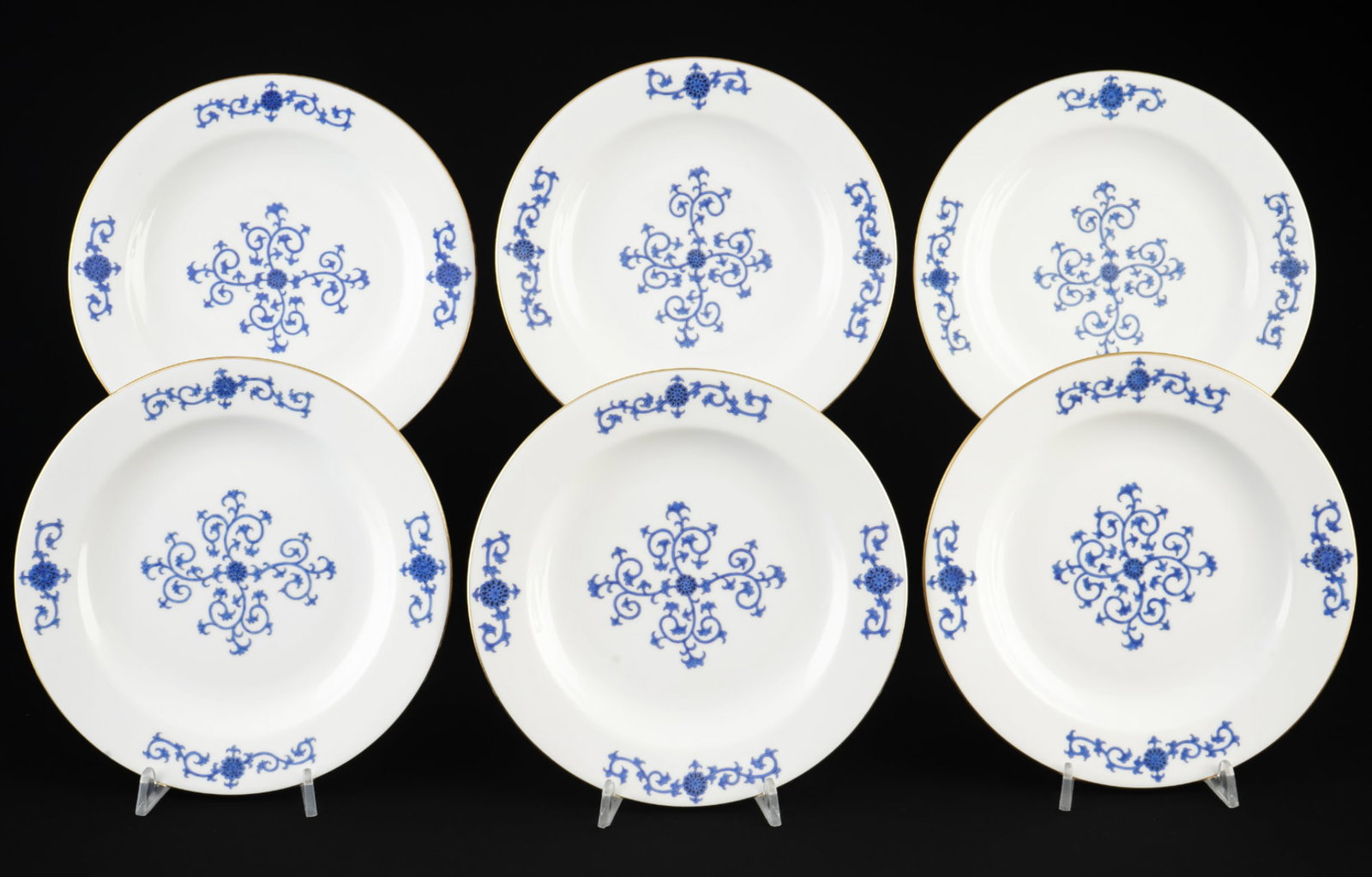 Herend Lise Bleu 6 dessert plates,: Porcelain, Hungary, 20th century, blue company mark, Lise Bleu decor, model no. 2521, 6 x D 21 cm