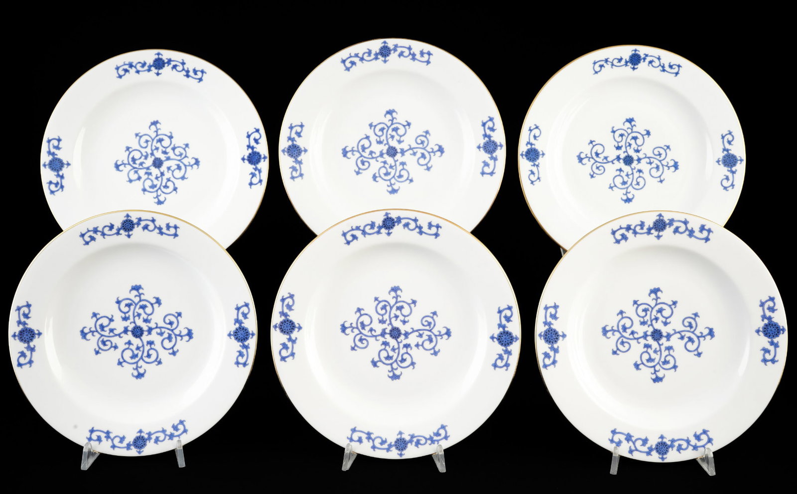 Herend Lise Bleu 6 dessert plates,: Porcelain, Hungary, 20th century, blue company mark, Lise Bleu decor, model no. 2521, 6 x D 21 cm