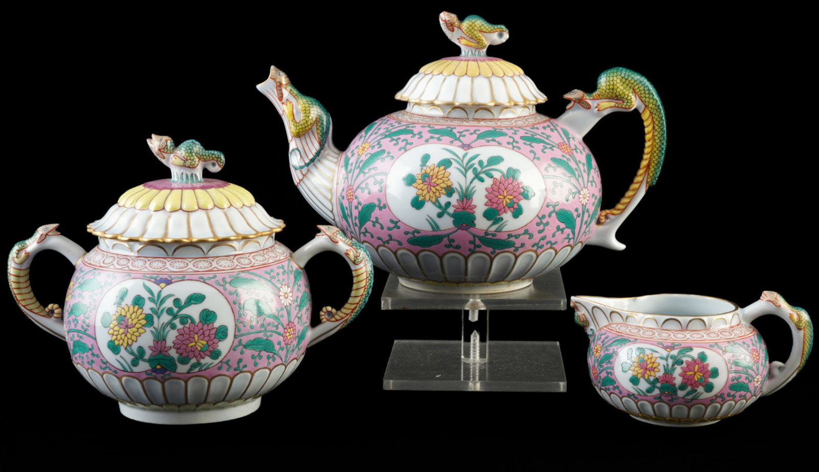 Herend Enamel Rose rare 3-piece tea set from 1911,: Porcelain, Hungary, blue company mark from 1911, ERS Enamel Rose decor - chrysanthemums in medallions on a pink enamel background with green tendrils, 1x teapot H 14.5 cm x W 23 cm x D 14.5 cm, 1x mil
