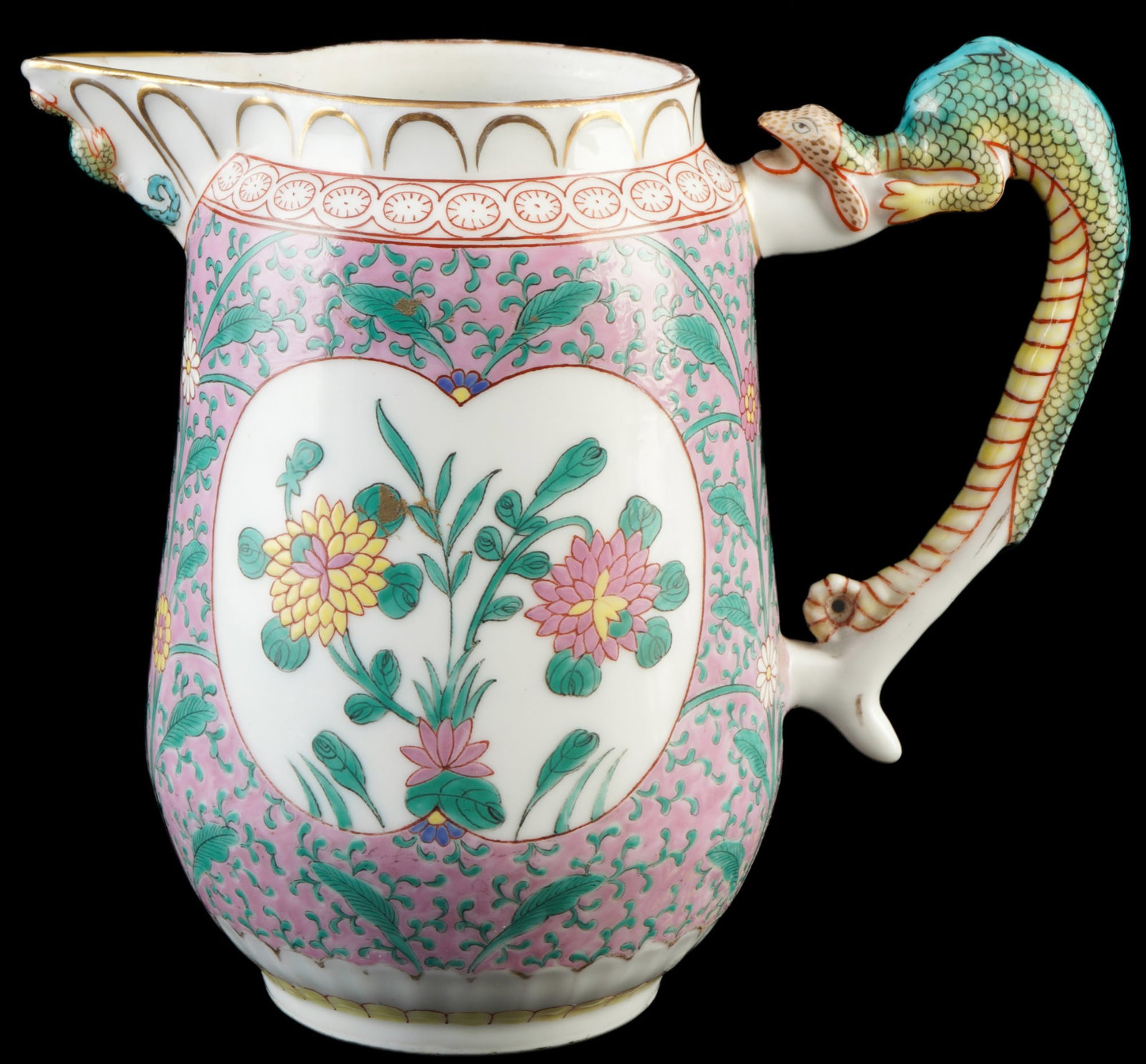 Herend Enamel Rose large rare jug / pitcher from 1911,: Porcelain, Hungary, blue company mark from 1911, ERS Enamel Rose decoration - chrysanthemums in medallions on a pink enamel ground with green tendrils, H 16.5 cm x W 18.5 cm x D 10 cm, handle glued, g