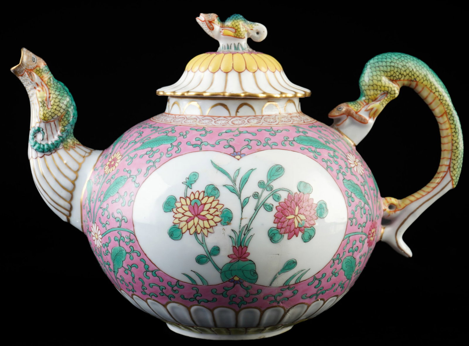 Herend Enamel Rose large rare tea pot from 1911,: Porcelain, Hungary, blue company mark with date 1911, ERS Enamel Rose decoration - chrysanthemums in medallions on a pink enamel ground with green tendrils, H 18 cm x W 26 cm x D 17 cm, repaired after