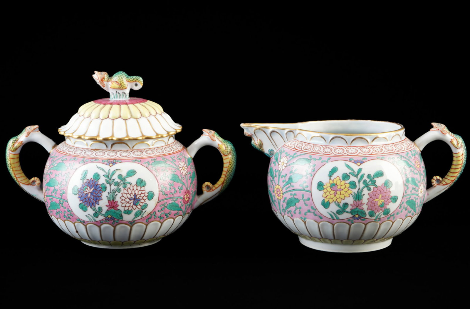 Herend Enamel Rose large rare milk jug and large sugar bowl from 1911, (1 of 10)