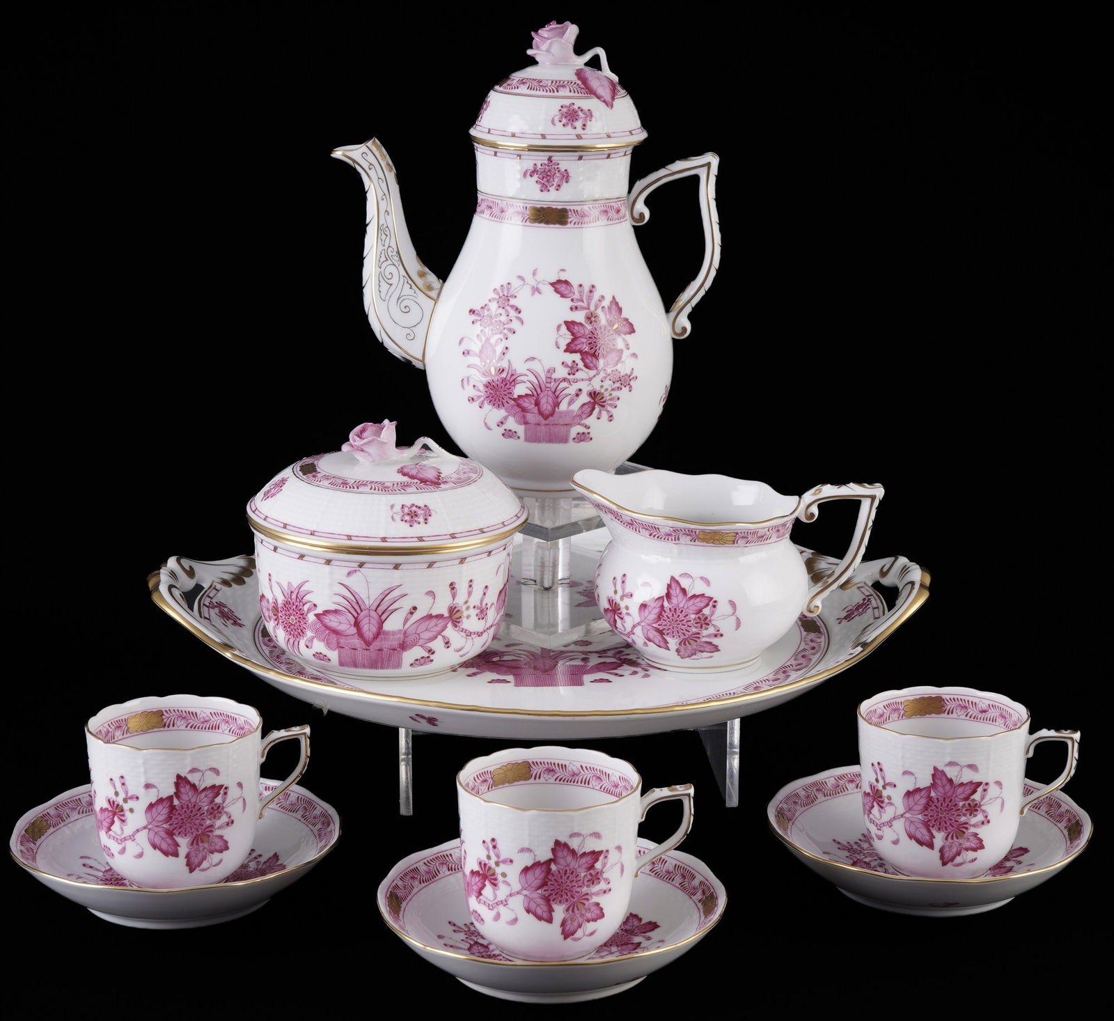 Herend Fleurs des Indes Purple mocha service for 3 persons,: Porcelain, Hungary, 20th century, blue maker's mark, P Fleurs des Indes purple pattern, 1x mocha pot #612 1/2 H 19.5 cm x D 9.5 cm, 1x milk jug #643 H 7.5 cm x W 12.5 cm, 1x sugar bowl #662 H 9.5 cm x
