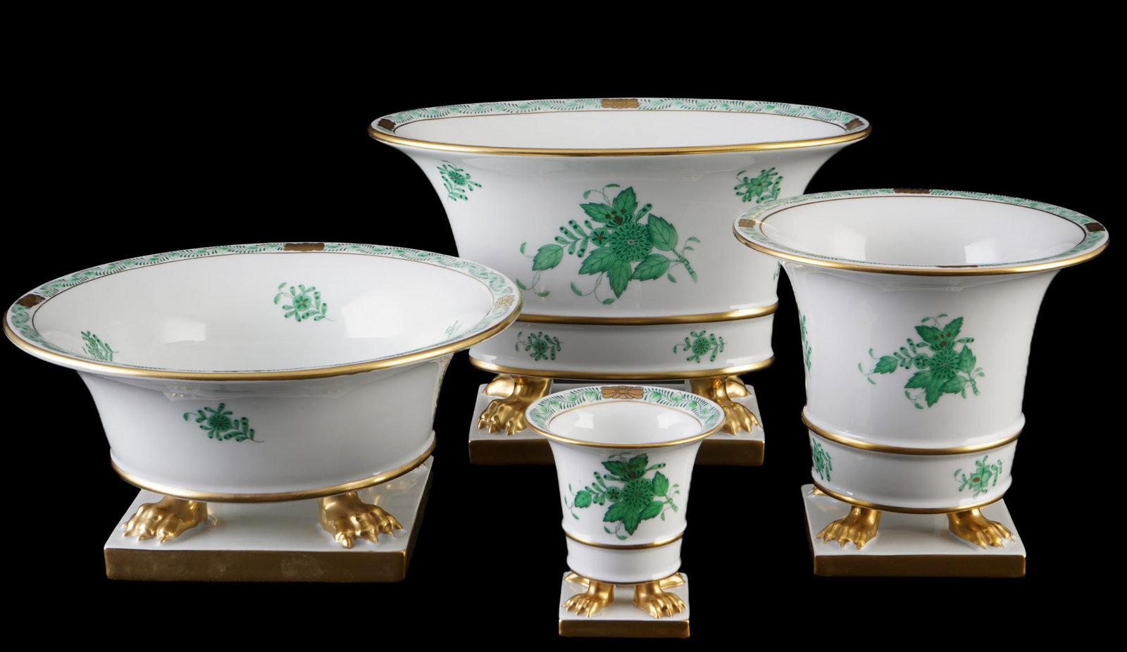 Herend Apponyi Vert 4 footed vases,: porcelain, Hungary 20th century, blue company mark, decor AV Apponyi Vert, 1x oval vase #6455 H 15 cm x W 22.5 cm x D 14 cm, 1x vase #6402 H 13 cm x D 14.5 cm, 1x flat vase #6491 H 10 cm x D 20.5 cm, 