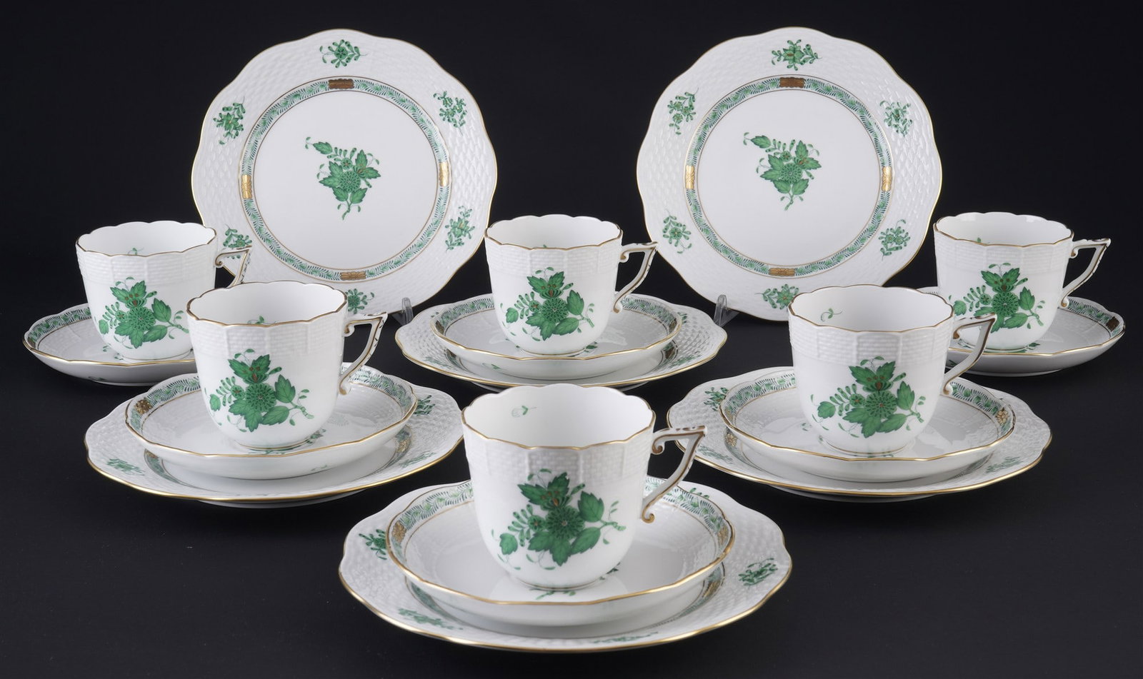 Herend Apponyi Vert 6 coffee place settings,: 18-piece porcelain set, Hungary, 20th century, blue company mark, AV Apponyi Vert decor, 6x coffee cups #706 H 7 cm x D 8 cm, 6x saucers #706 D 14.5 cm, 6x cake plates #517 D 19 cm