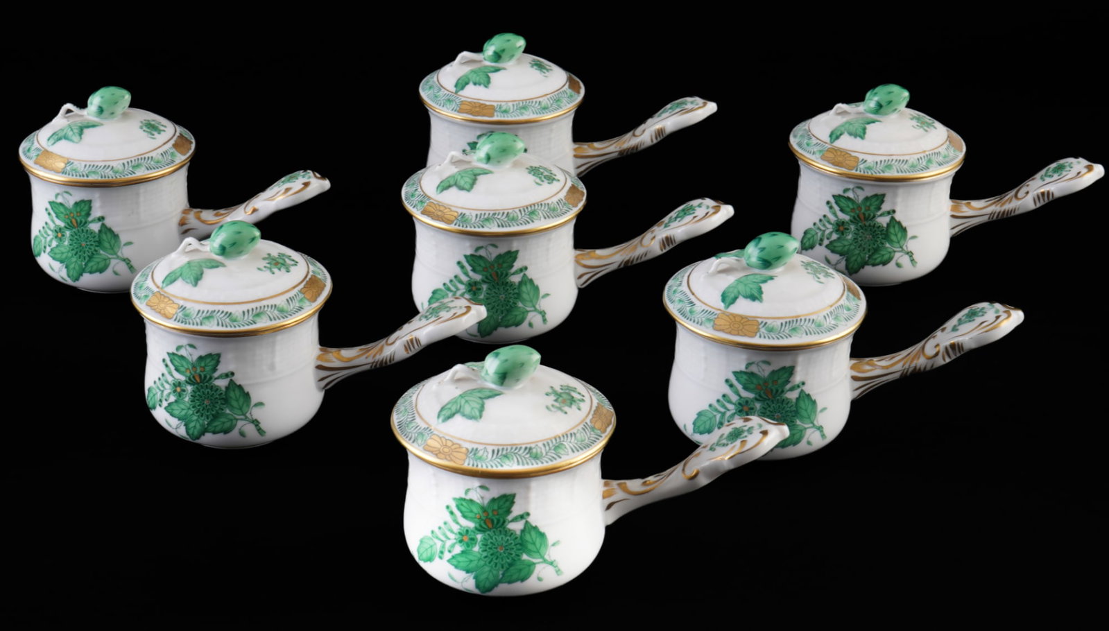 Herend Apponyi Vert 7 chocolate cups,: porcelain, Hungary 20th century, blue company mark, decor AV Apponyi Vert, model no. 749, 7x H 8 cm x W 12 cm x D 6.5 cm