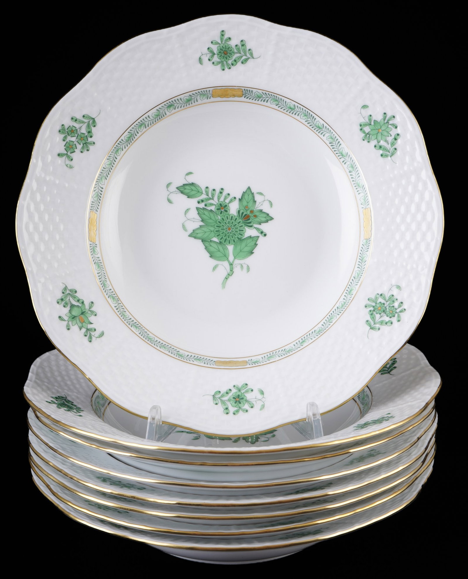 Herend Apponyi Vert 8 soup plates,: Porcelain, Hungary, 20th century, blue company mark, AV Apponyi Vert decor, model no. 505, 8 x D 21 cm