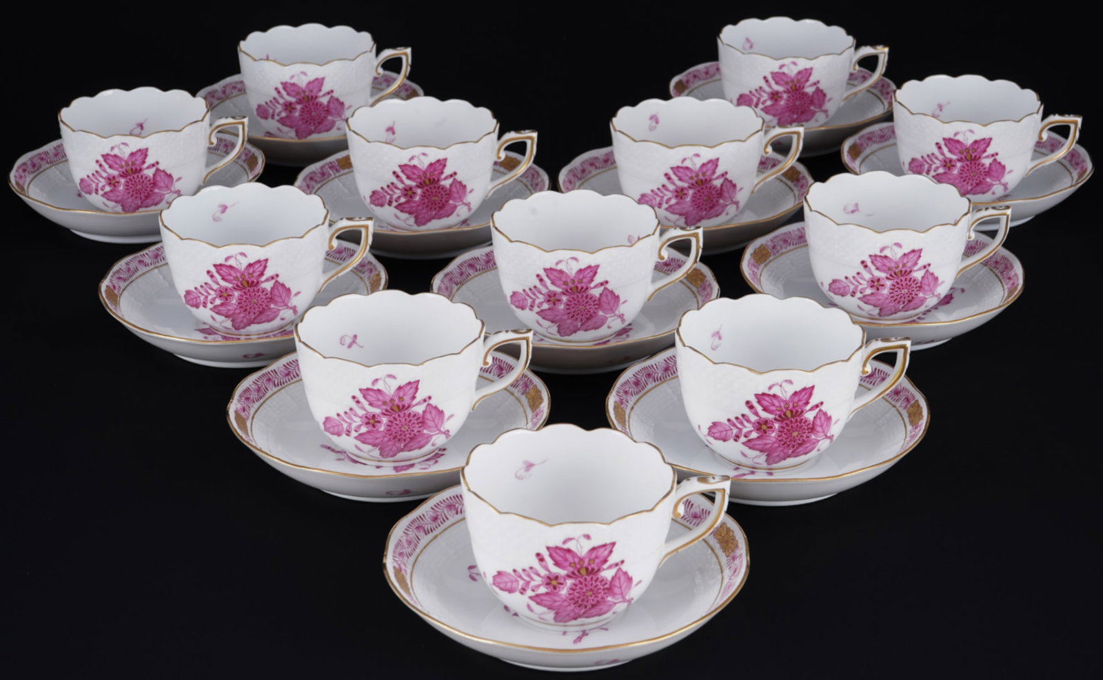 Herend Apponyi Purple 12 mocha cups,: 24-piece porcelain, Hungary 20th century, blue company mark, decor AP Apponyi Purple, model no. 711, 12x cups H 4.5 cm x D 6.5 cm, 12x saucers D 11.5 cm