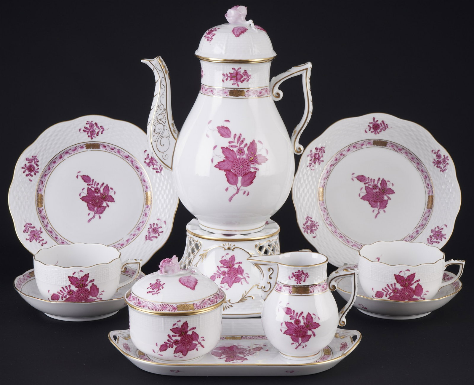 Herend Apponyi Purple tea tete a tete,: 11-piece porcelain set, Hungary, 20th century, blue maker's mark, AV Apponyi Vert pattern, 1x coffee pot #611 H 26 cm x D 12.5 cm, 1x milk jug #635 H 9 cm x D 6.5 cm, 1x sugar bowl #666 H 9 cm x D 8.5