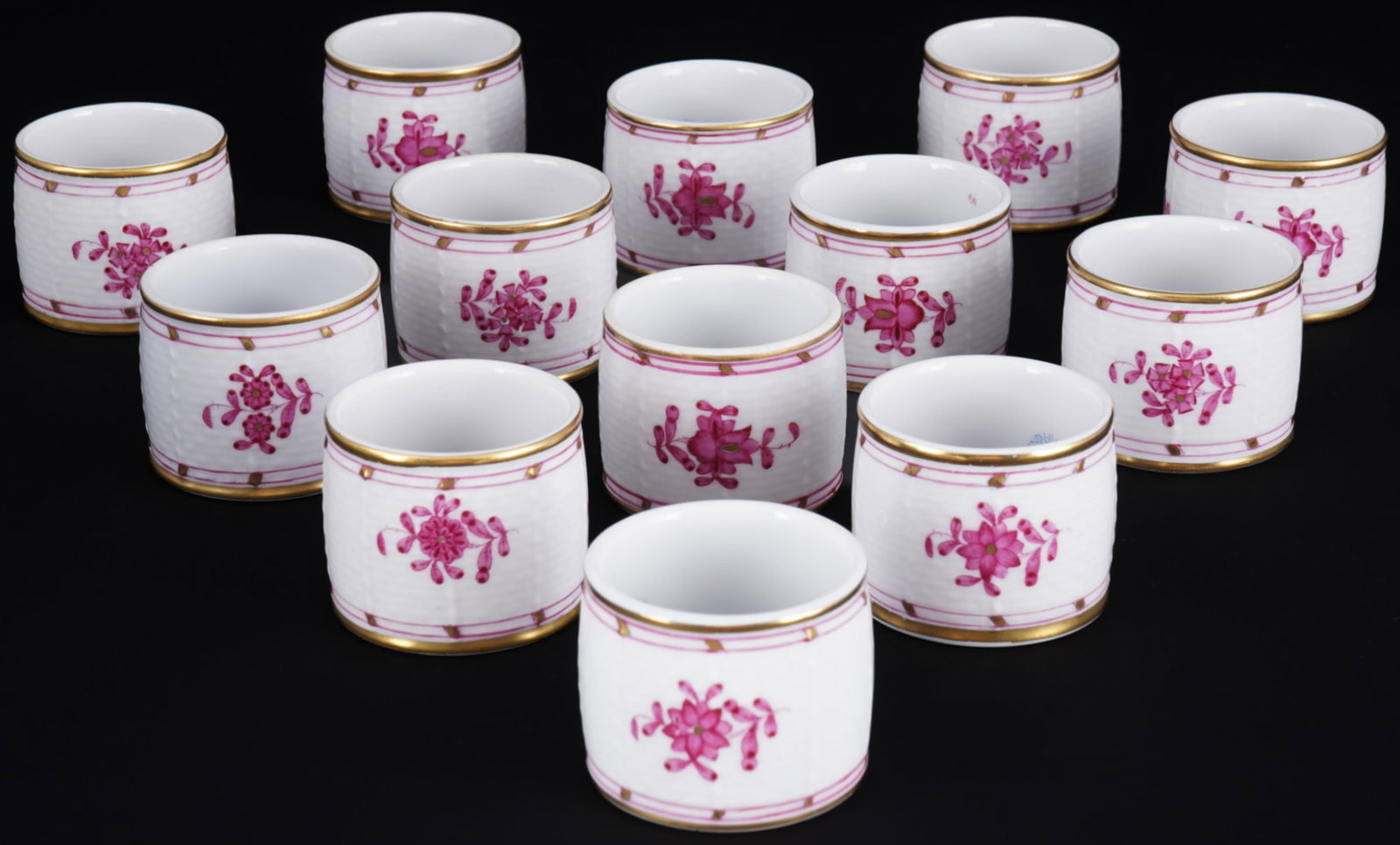 Herend Apponyi Purple 13 napkin rings,: porcelain, Hungary 20th century, blue company mark, decor AP Apponyi Purple, model no. 272, 13x H 3.5 cm x D 4 cm