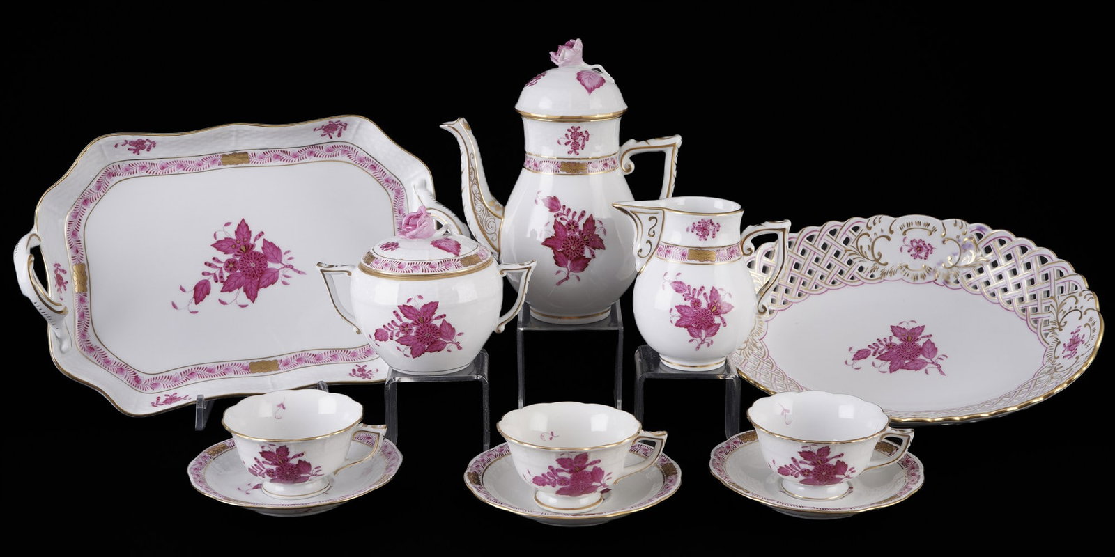 Herend Apponyi Purple mocha service for 3 persons,: 11-piece porcelain set, Hungary, 20th century, blue maker's mark, AP Apponyi Purple decor, 1x mocha pot #613 H 16 cm x W 14 cm x D 8.5 cm, 1x milk jug #635 H 9 cm x D 6.5 cm, 1x sugar bowl #666 H 9 cm