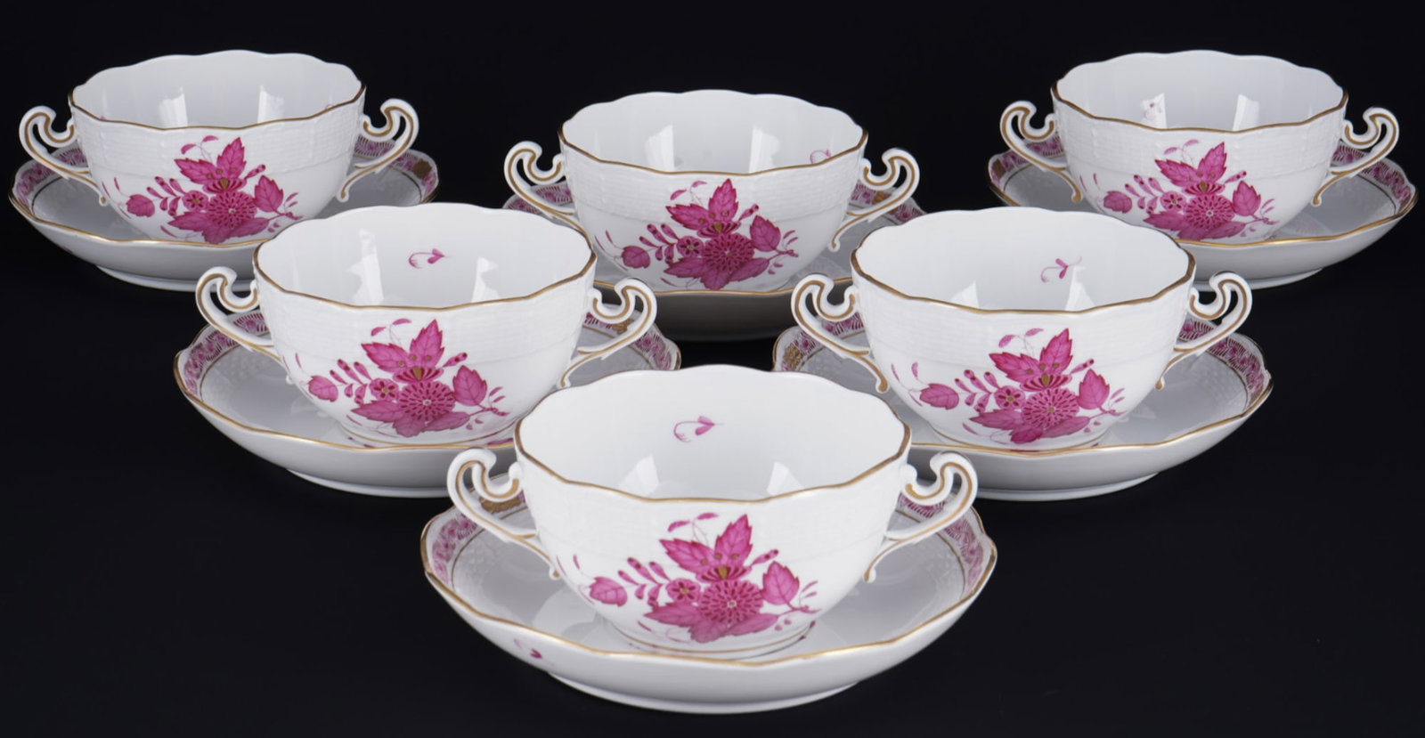 Herend Apponyi Purple 6 soup bowls,: porcelain, Hungary 20th century, blue company mark, decor AP Apponyi Purple, model no. 718, 6x soup bowls H 5.5 cm x D 11 cm, 6x saucers D 16.5 cm