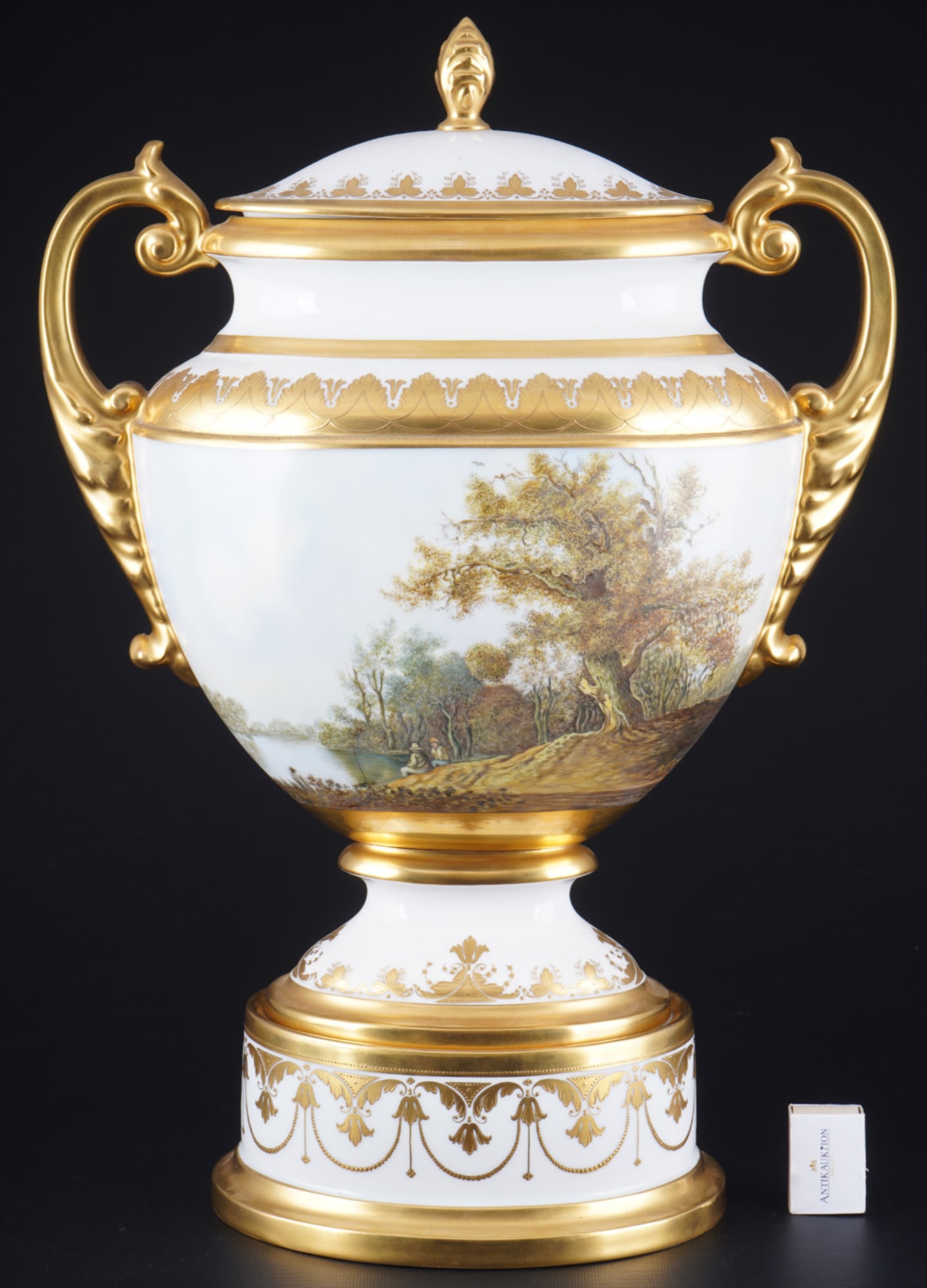 Hutschenreuther giant amphora vase with landscape after Jan van Goyen,: porcelain, gold and black jubilee mark 1914, with painter's signature G. Hampel, landscape paintings on both sides after Jan van Goyen (1596-1656) - "Pond in the Forest" / "Landscape from the Malmaiso