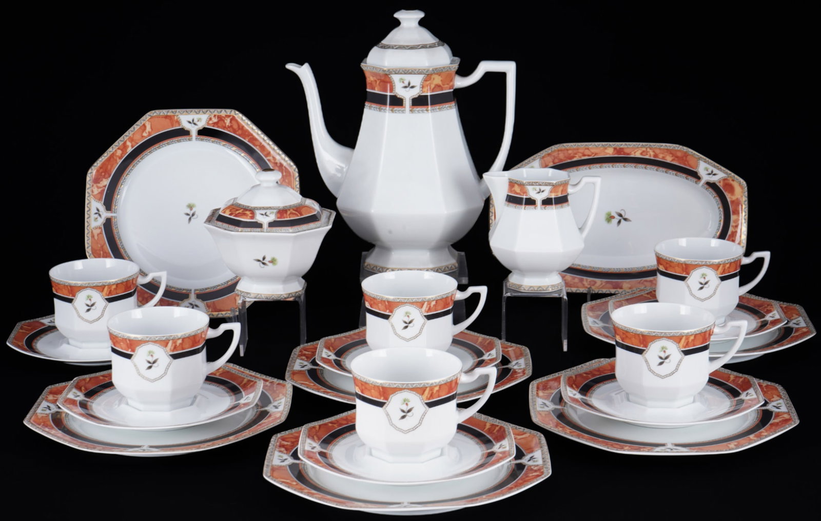 Limoges Hadrien coffee service for 6 persons,: 22-piece porcelain, blue company mark, decor Hadrien, 1x coffee pot H 24.5 cm x D 14.5 cm, 1x milk jug H 10 cm, 1x sugar bowl H 11 cm x D 11 cm, 6x cups H 6.5 cm x D 8 cm, 6x saucers 16.5 cm, 6x desse