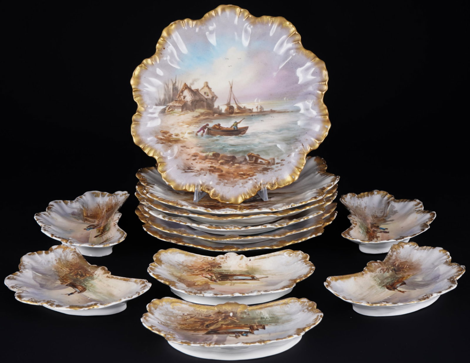 Limoges Fishing Scene 6 plates with 6 crescent bowls,: porcelain, France, green company mark, marine decor - coastal landscape with fishing boats, shell relief with gold rim, 6x plates D 23.5 cm, 6x bowls H 2.5 cm x W 18 cm, gold abrasion