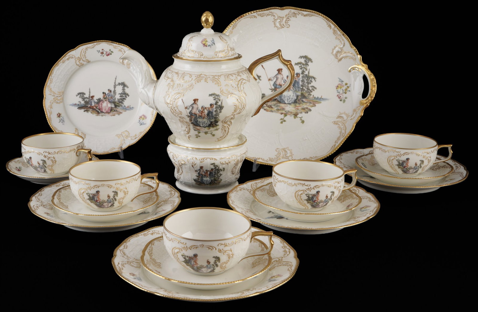 Rosenthal Hoeroldt-Arkadien Sanssouci tea set for 5 persons,: 18-piece porcelain, green company brand, shape Sanssouci, Hoeroldt-Arkadia decor, 1x teapot H 19.5 cm x W 26 cm x D 15.5 cm, 1x warmer H 7 cm x D 12 cm, 6x tea cups H 5 cm x D 9.5 cm, 6x UT D 14.5 cm,