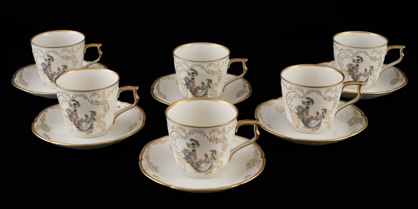 Rosenthal Hoeroldt-Arkadia Sanssouci 6 coffee cups,: 12-piece porcelain set, green company mark, Sanssouci shape, Hoeroldt-Arkadien decor, 6 coffee cups H 7 cm x D 8 cm, 6 saucers D 14.5 cm