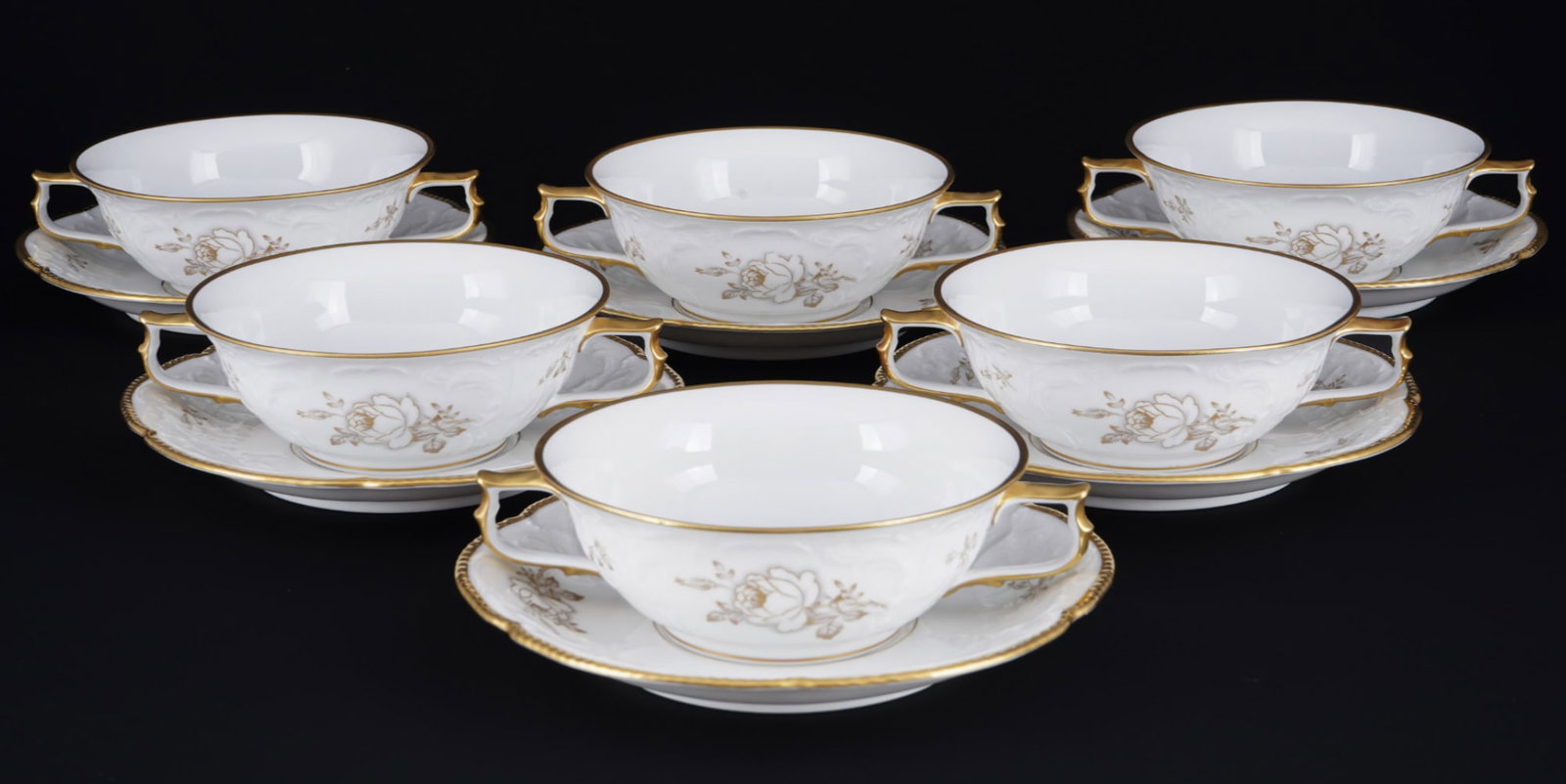 Rosenthal Sanssouci Gold Rose 6 soup bowls,: porcelain, green company mark, shape Sanssouci, decor Gold Rose, 6x soup bowls H 5 cm x D 13 cm, 6x saucers D 17.5 cm