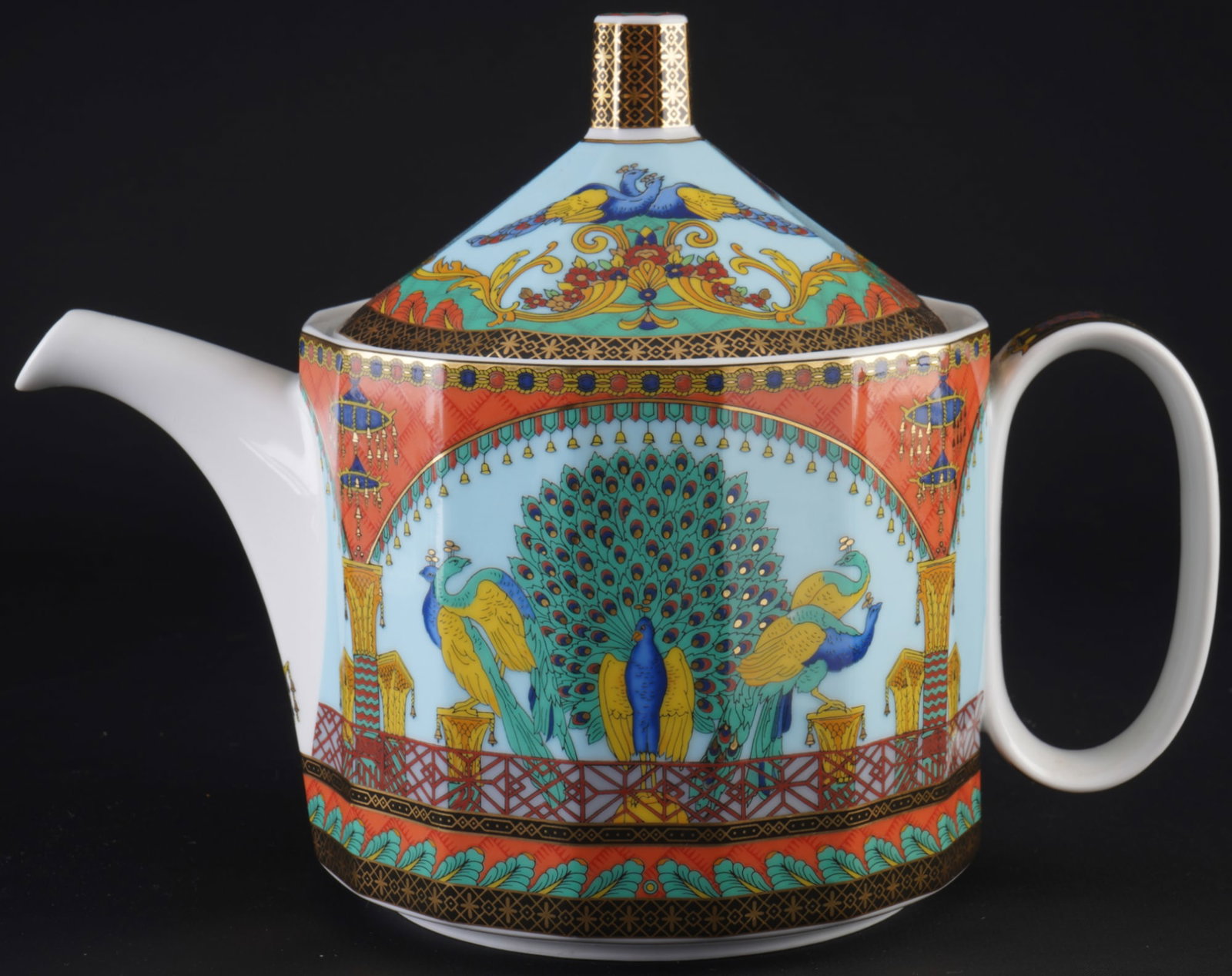 Rosenthal Versace Le Voyage de Marco Polo tea pot,: porcelain, black and gold company mark, decor Versace Le Voyage de Marco Polo, H 17 cm x W 23 cm x D 13 cm