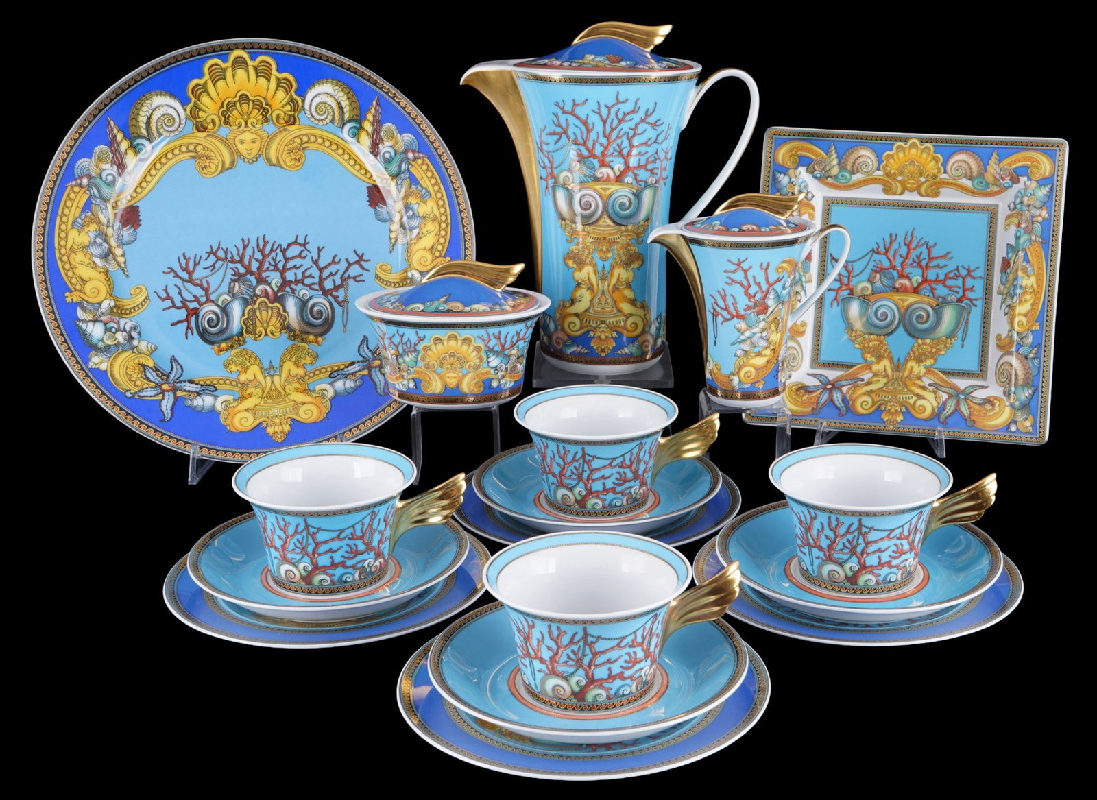 Rosenthal Versace Les Tresors de la Mer tea service for 4 persons,: 17-piece porcelain, black and gold company mark, decor Versace Les Tresors de la Mer, Ikarus shape, designed by Paul Wunderlich (1927-2010), 1x tea pot H 24 cm x W 10.5 cm x D 21 cm, 1x milk jug H 14 